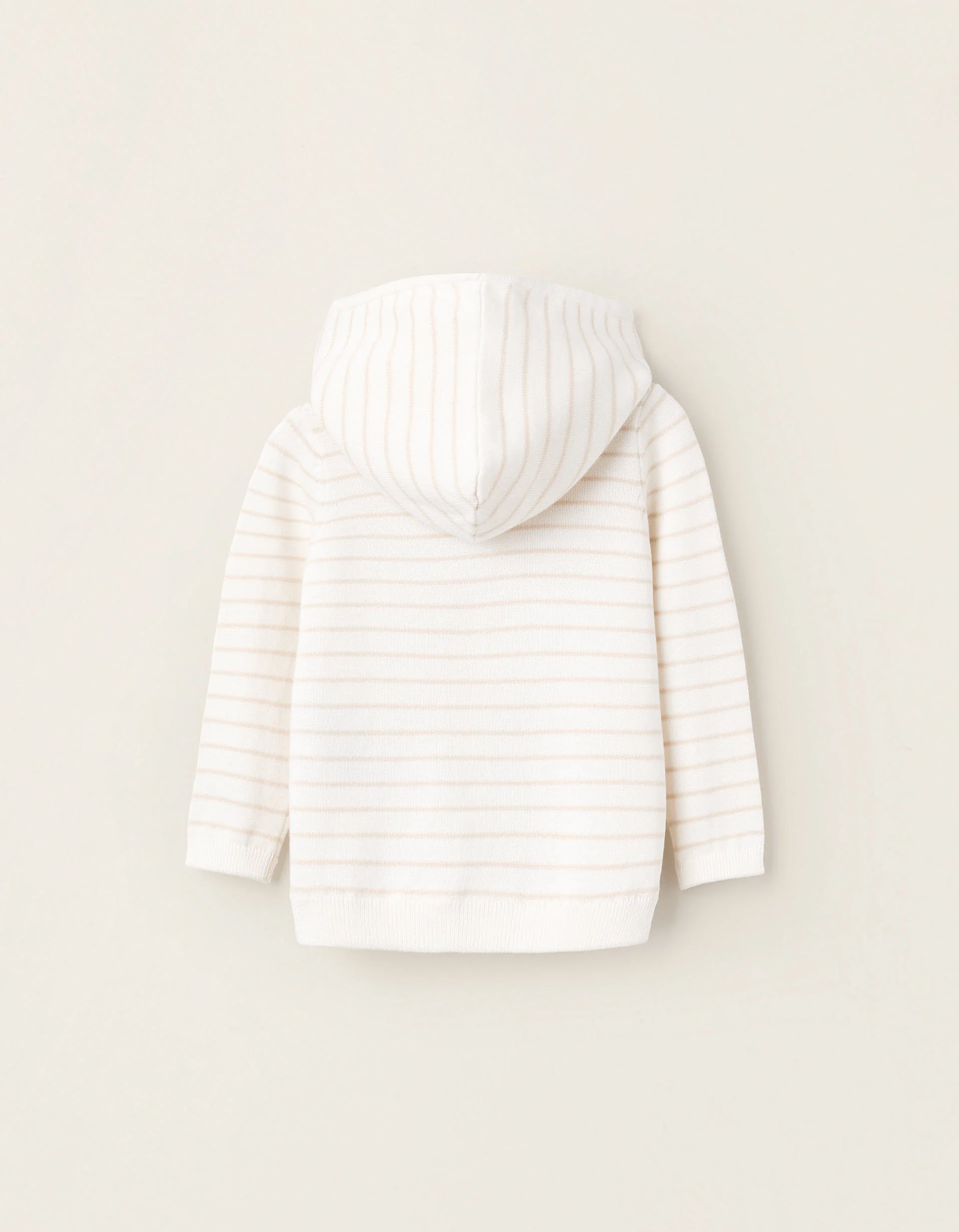 Striped Hooded Knitted Cardigan for Newborns, White/Beige