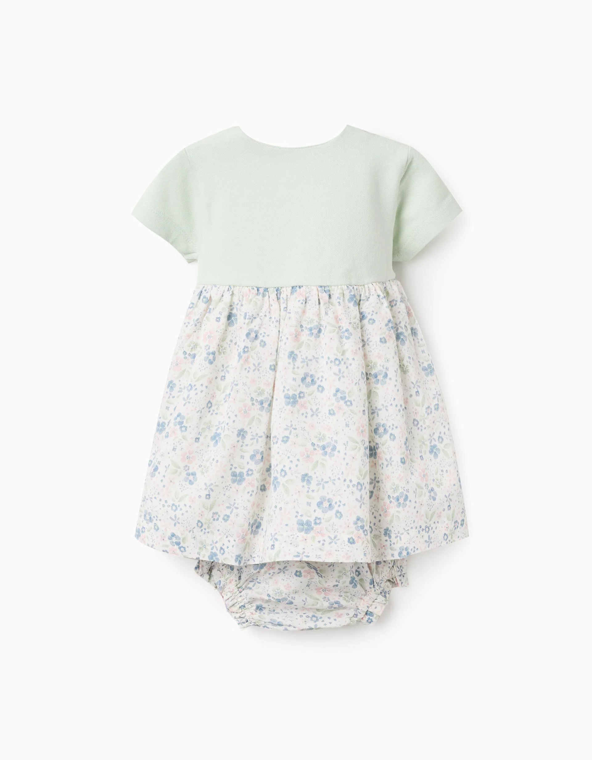 Dress + Bloomers with Flower Motif for Newborn Girls, Light Green