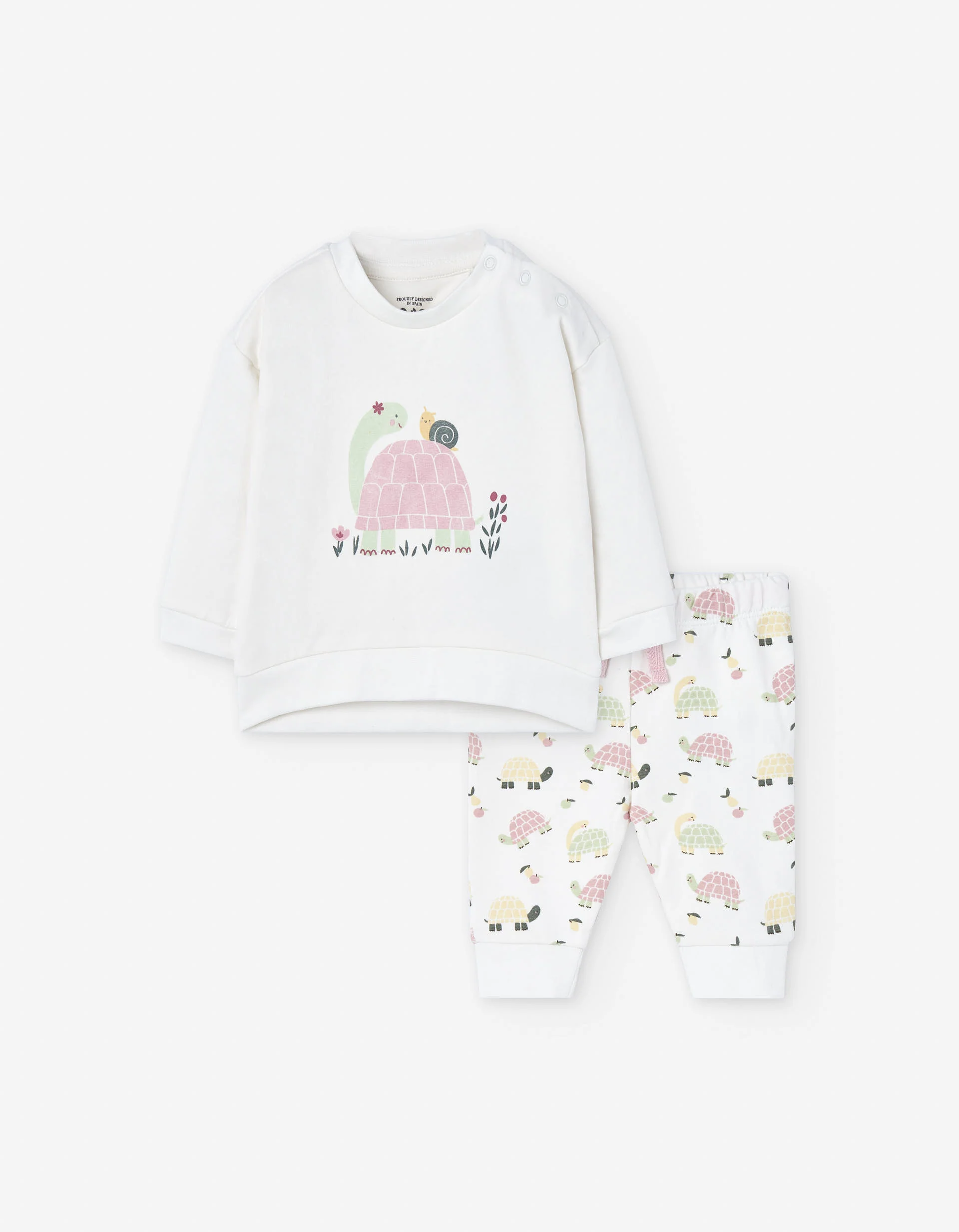 Brushed sweatshirt and trousers with turtles for newborn girls, white
