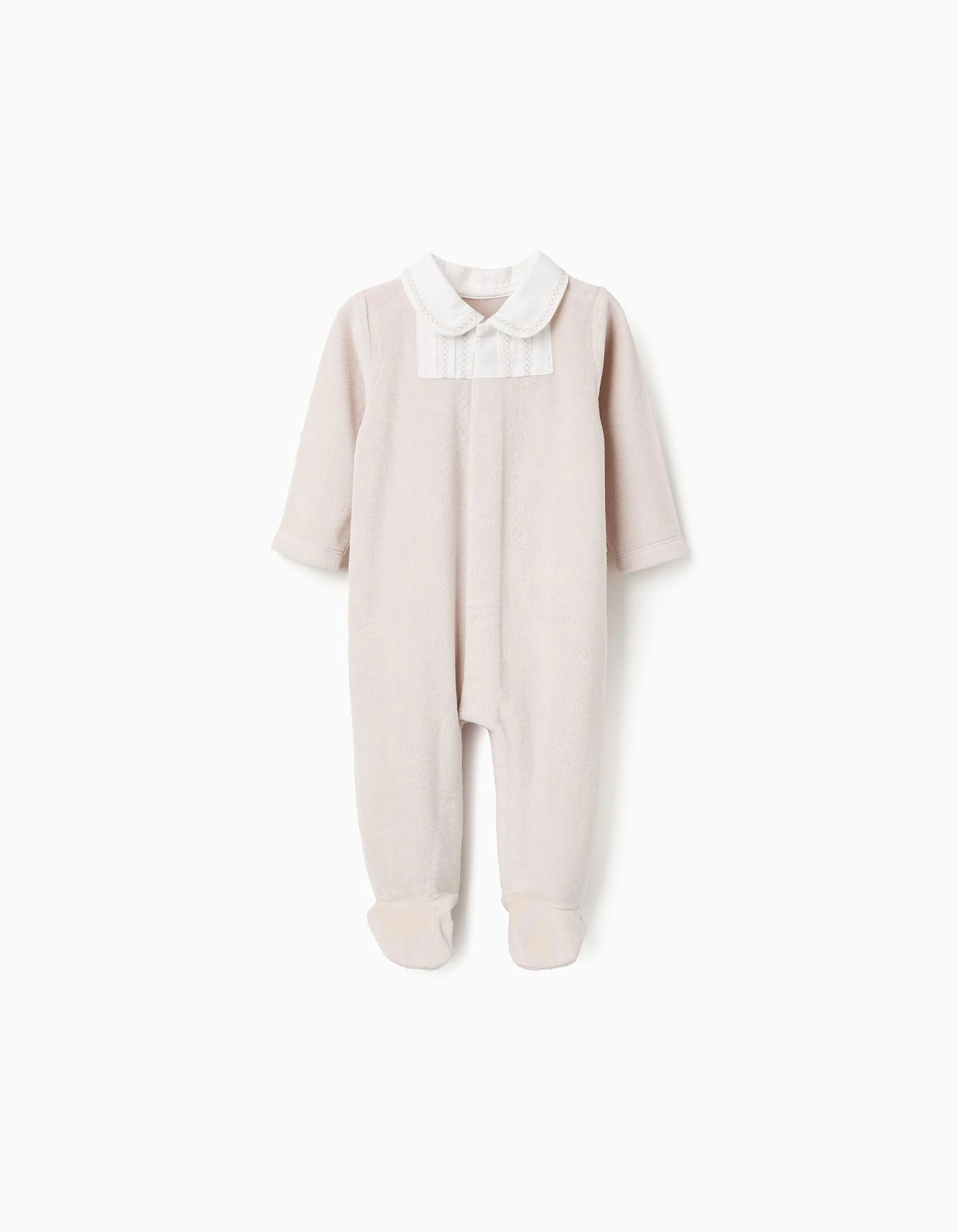 Velvet Babygrow with Embroidered Collar for Newborn Boys, Beige