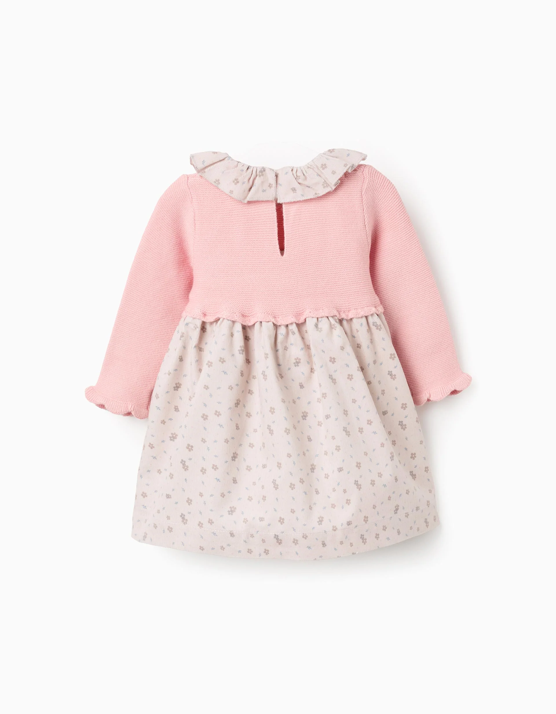 Dual-fabric dress with floral motif for newborn girls, pink/beige