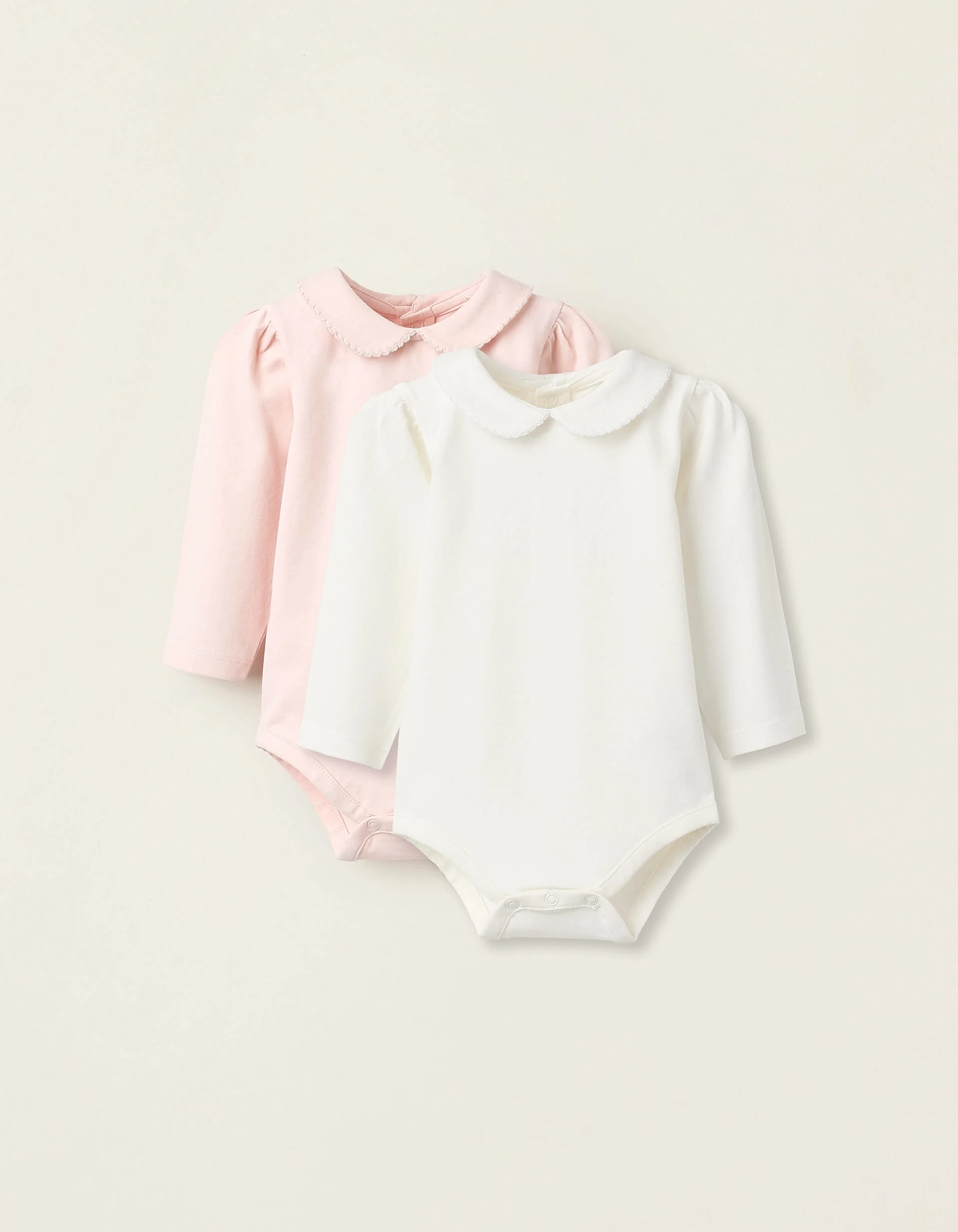 Pack of 2 Bodysuits with Peter Pan Collar for Newborn Girls, White/Pink