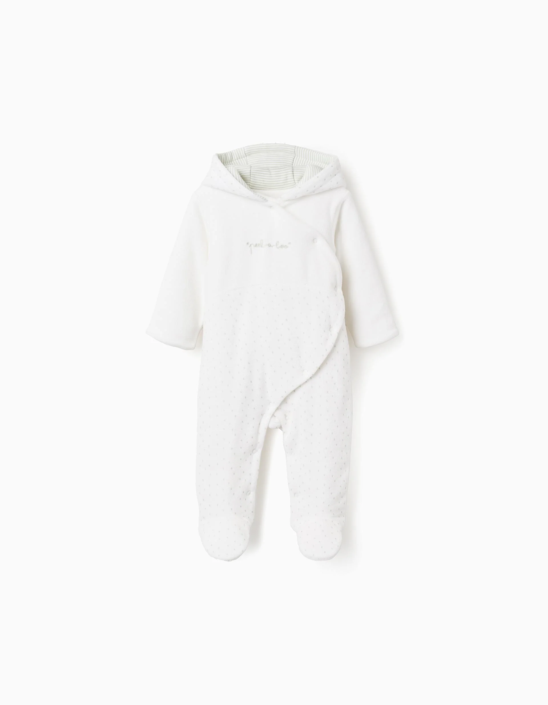 Padded velvet babygrow with hood for newborn boys, white