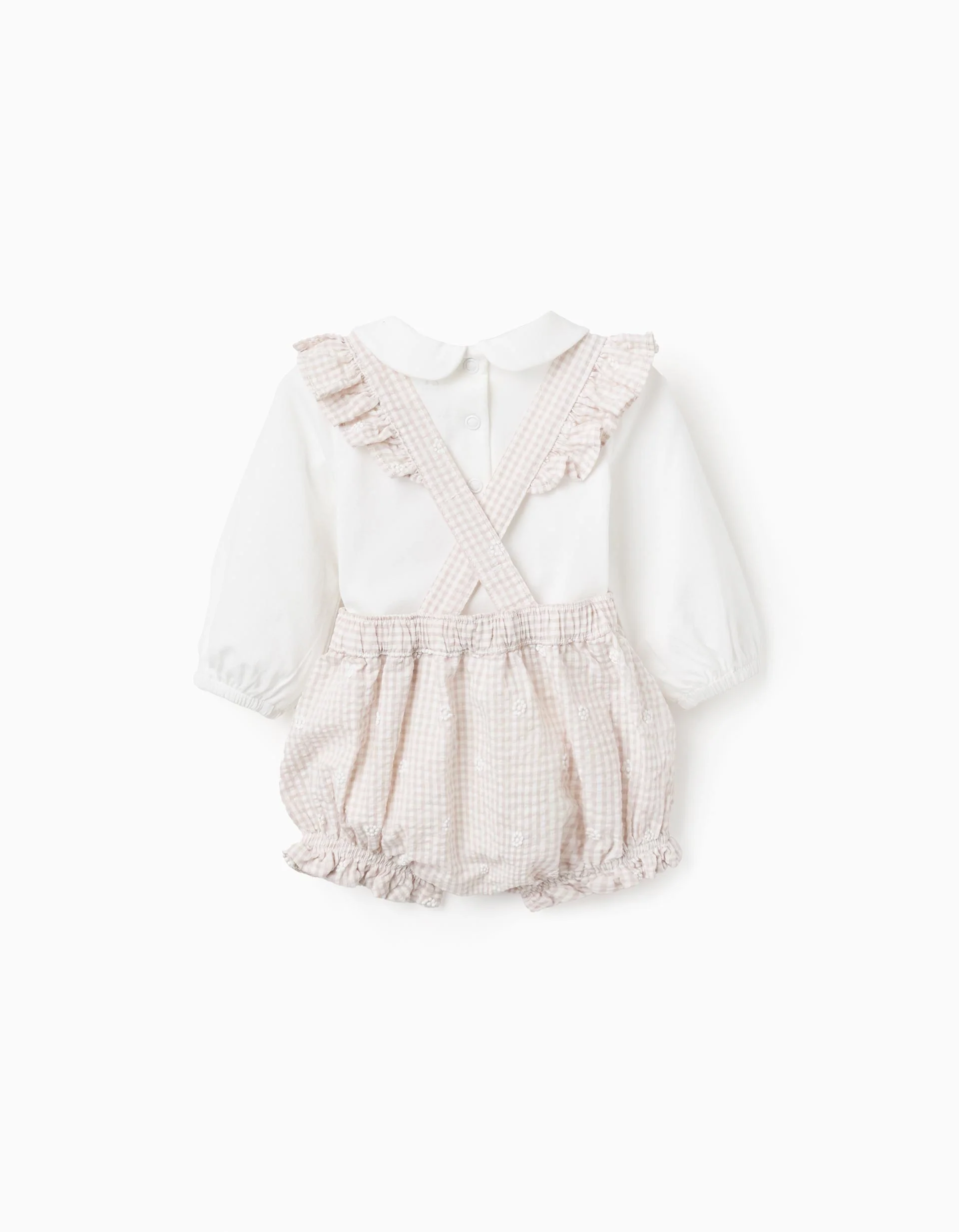 Bodysuit + jumpsuit with Vichy pattern for newborn girls, white/beige
