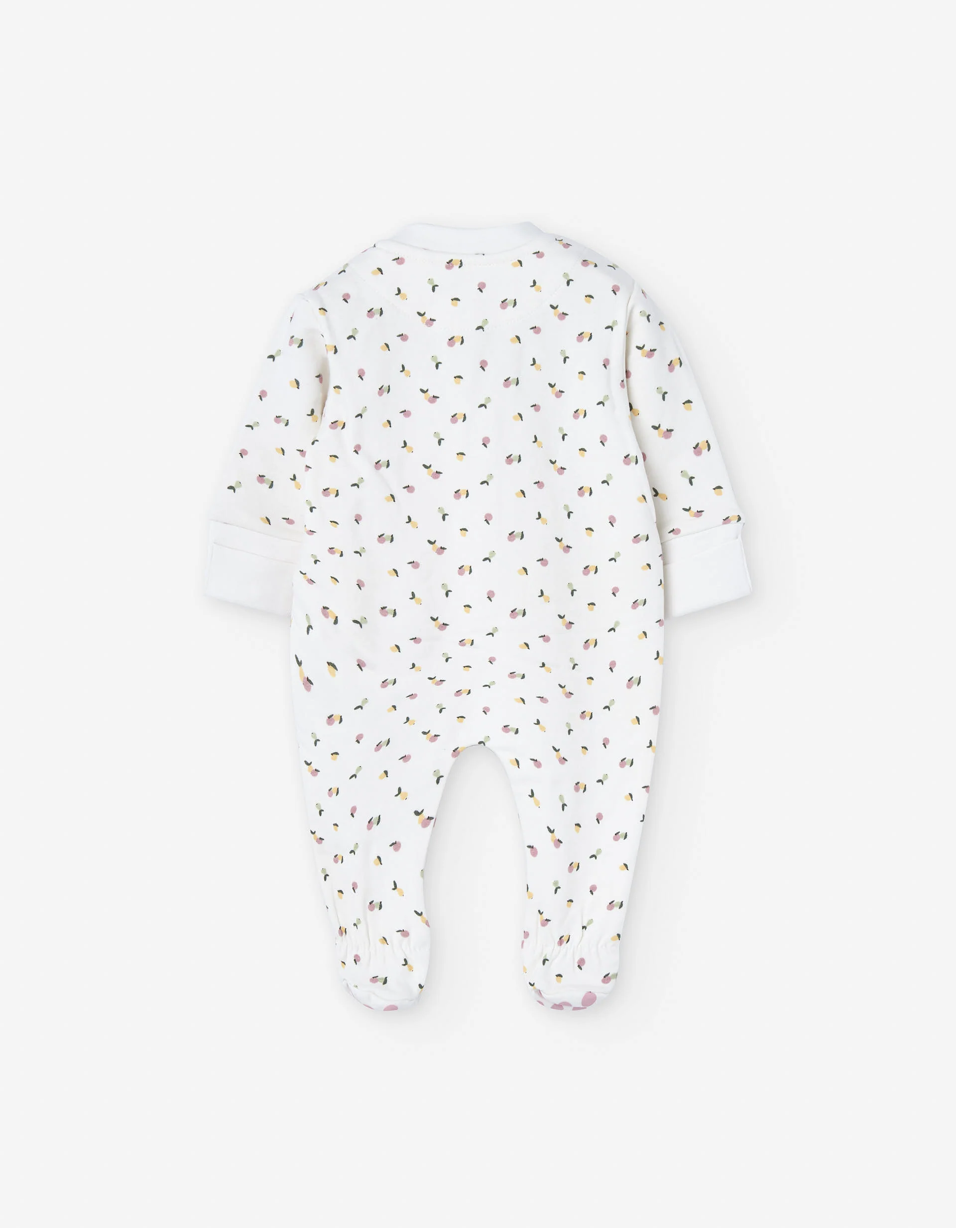 Brushed sleepsuit with fruit motif for newborn girls, light beige