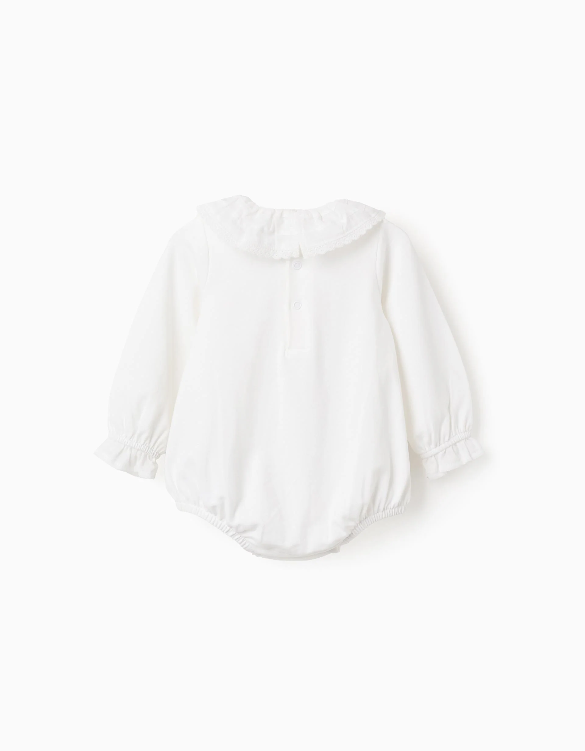 Long sleeve bodysuit with broderie anglaise for newborn girls, white