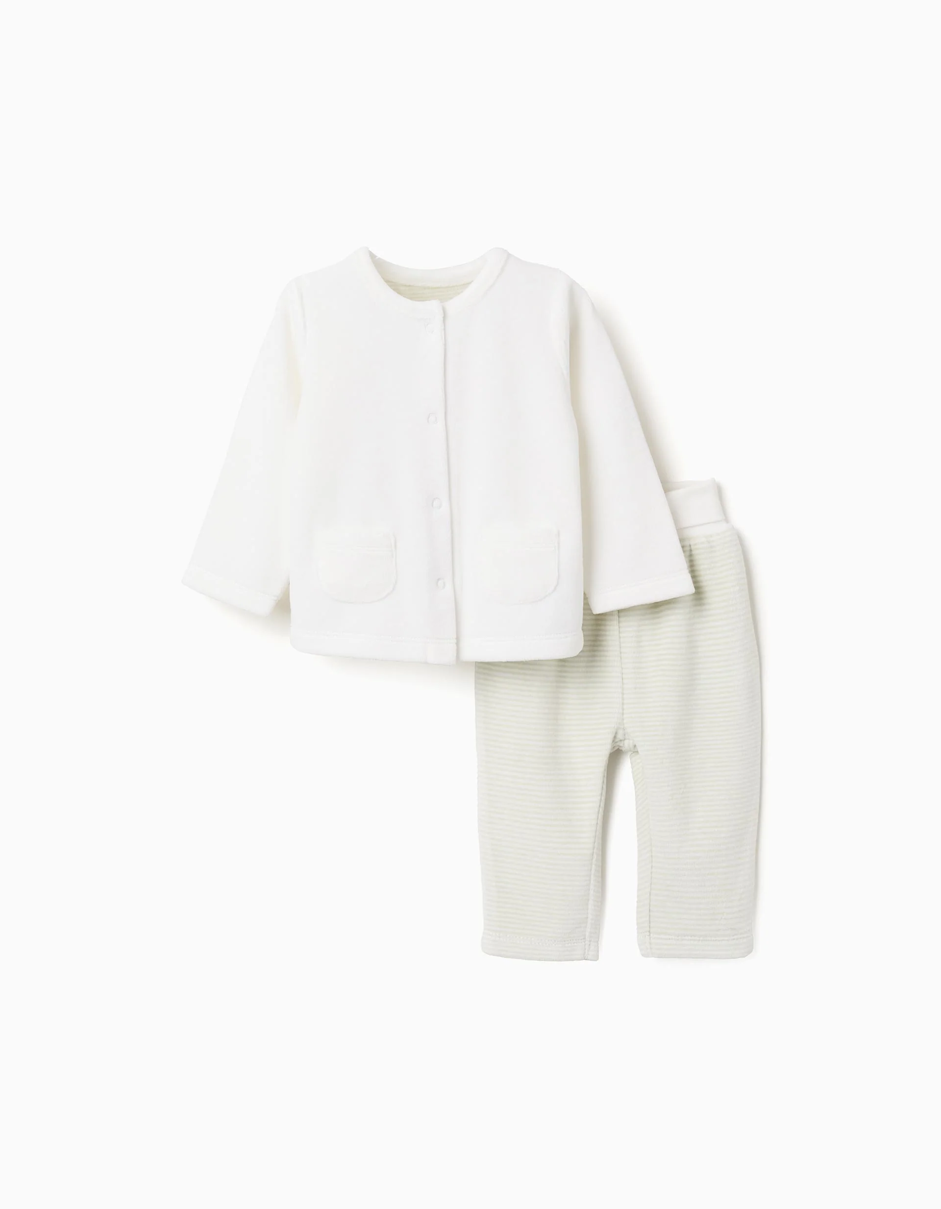 Velvet set of jumper + striped trousers for newborn boys, white/green