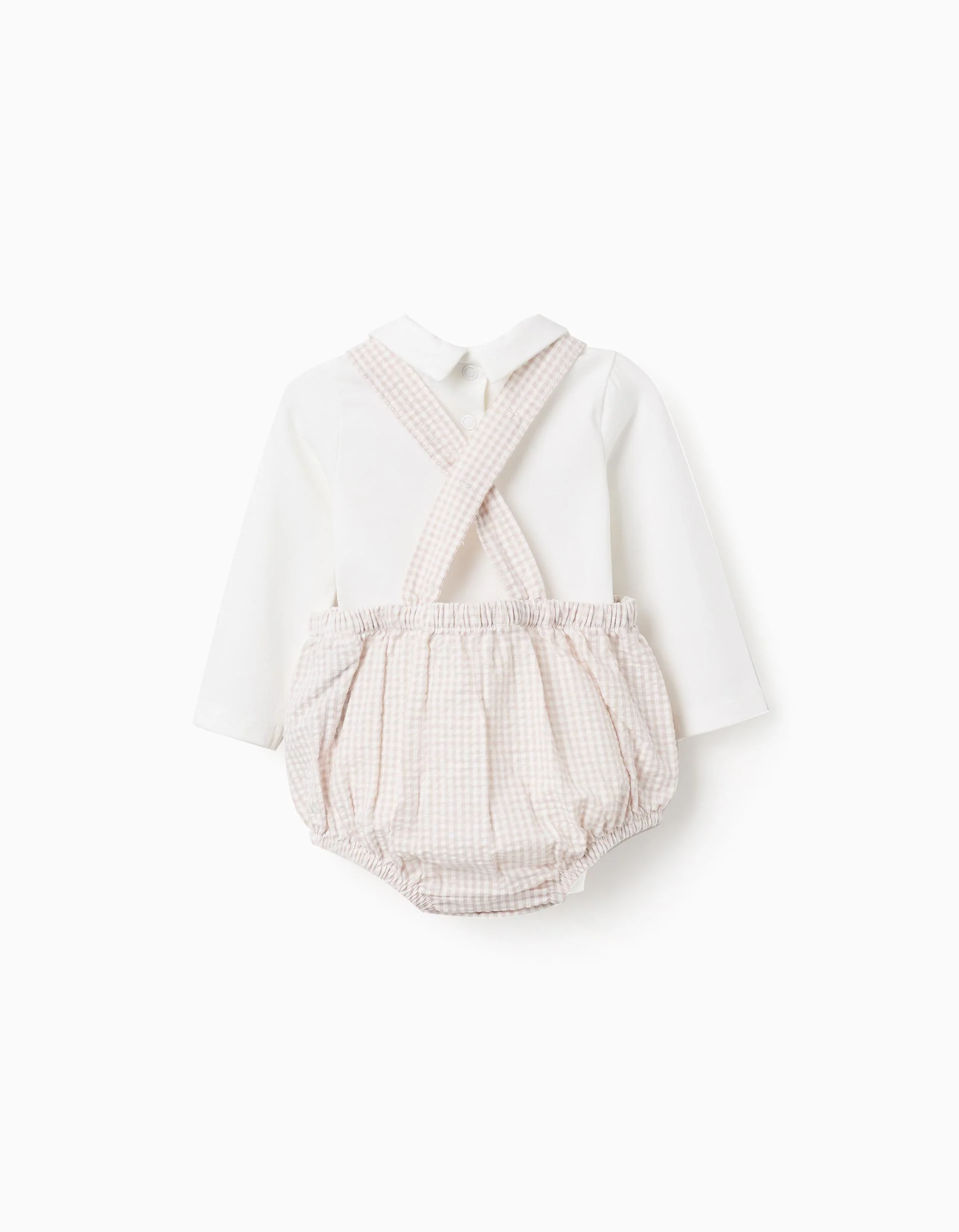 Bodysuit + jumpsuit with Vichy pattern for newborn boys, white/beige