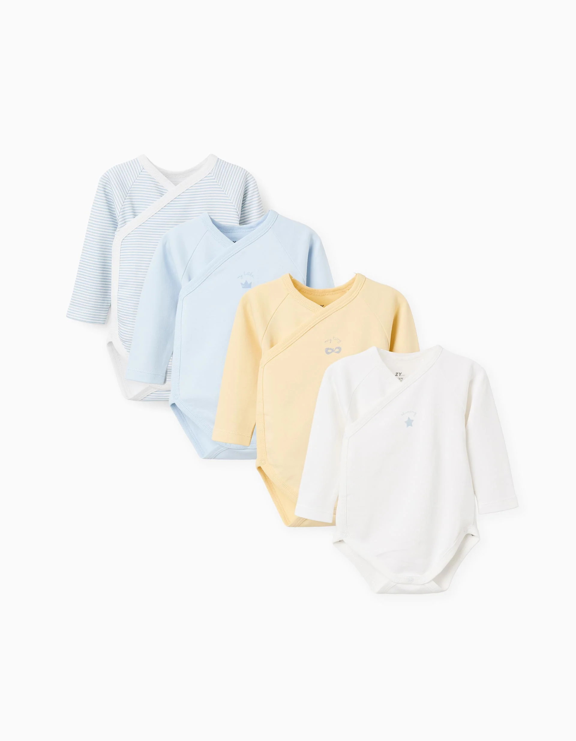 4 striped/printed wrapover bodysuits for newborn and baby boys, multicolour