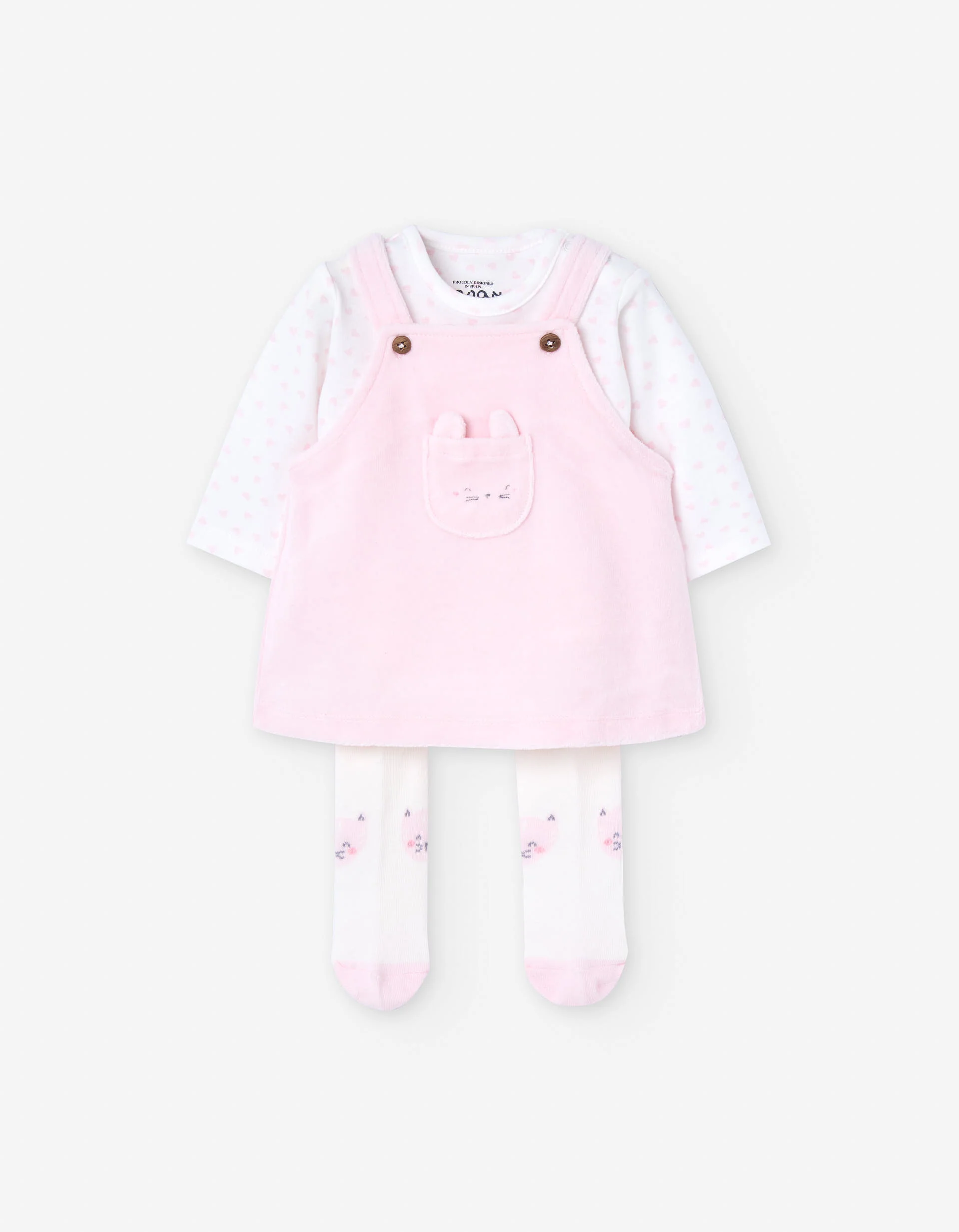 Set of body, pinafore dress and tights for newborn girls, white/pink