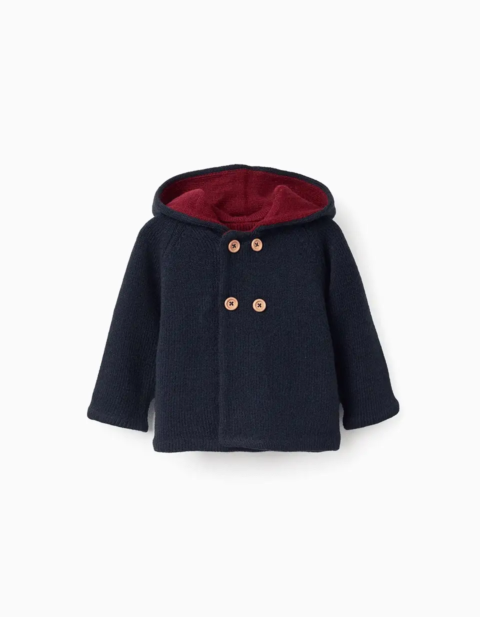 Reversible knitted jacket with hood for newborn boys, blue/red