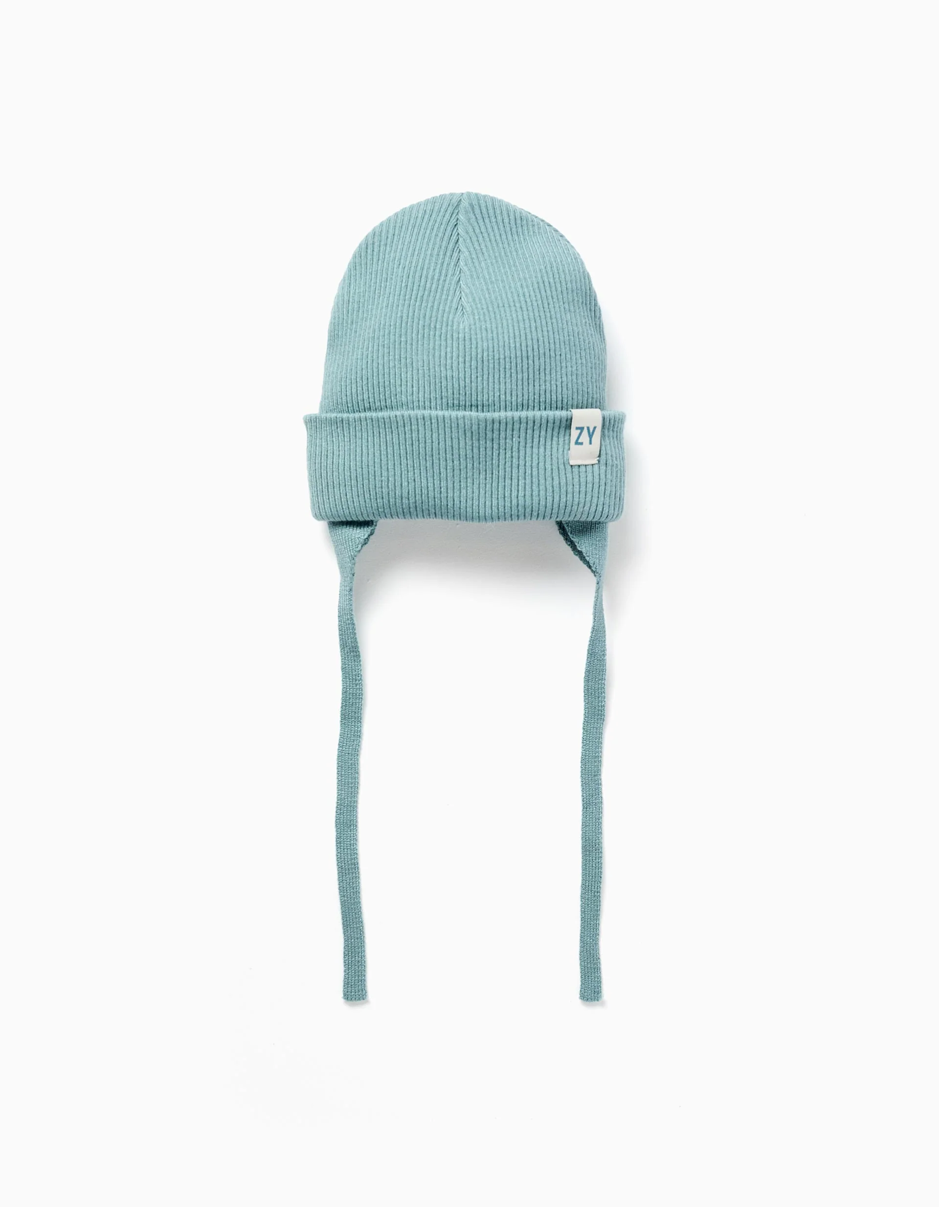 Knitted beanie with straps and ear protection for baby boys, blue green
