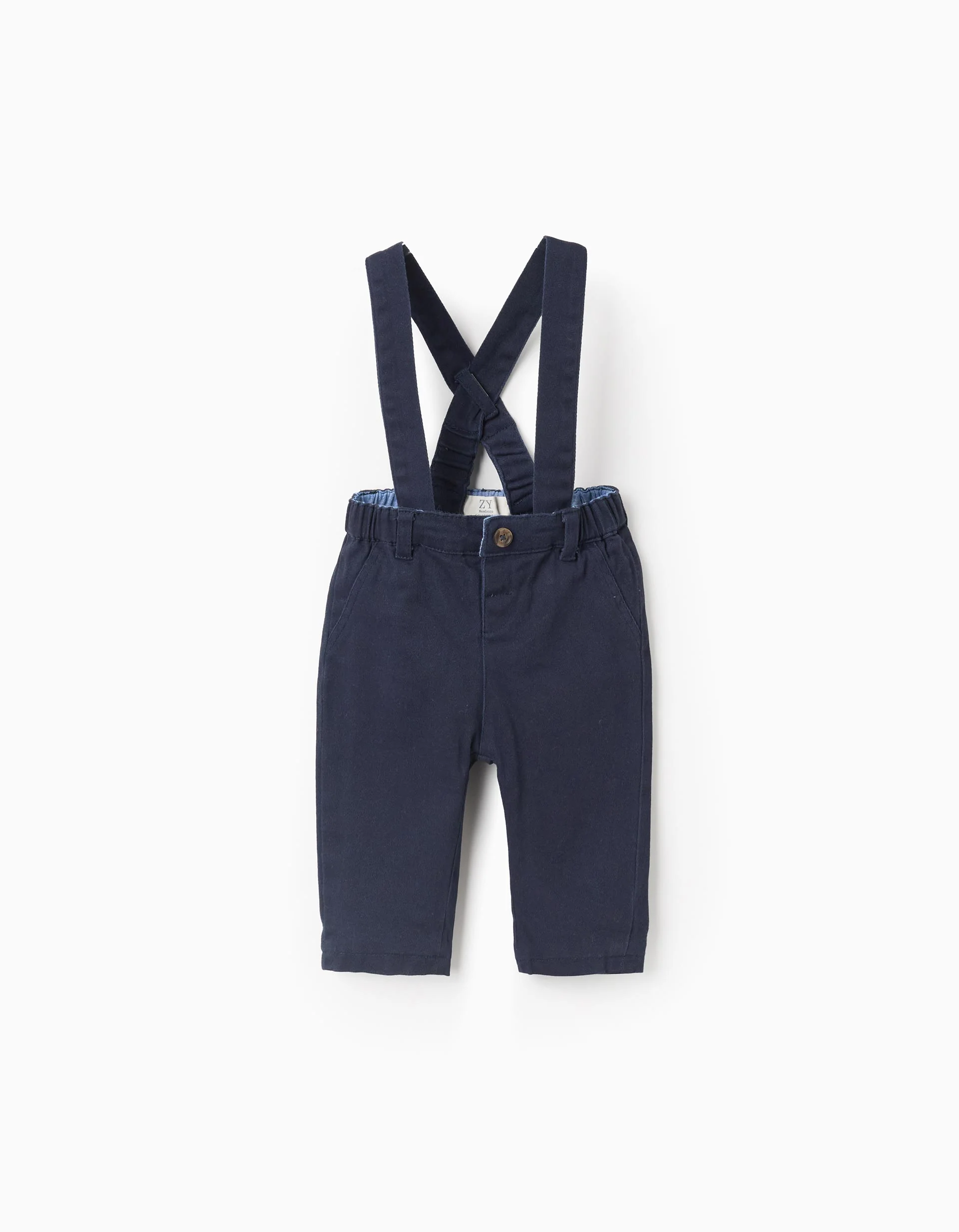 Twill Trousers with Removable Braces for Newborn Boys, Dark Blue