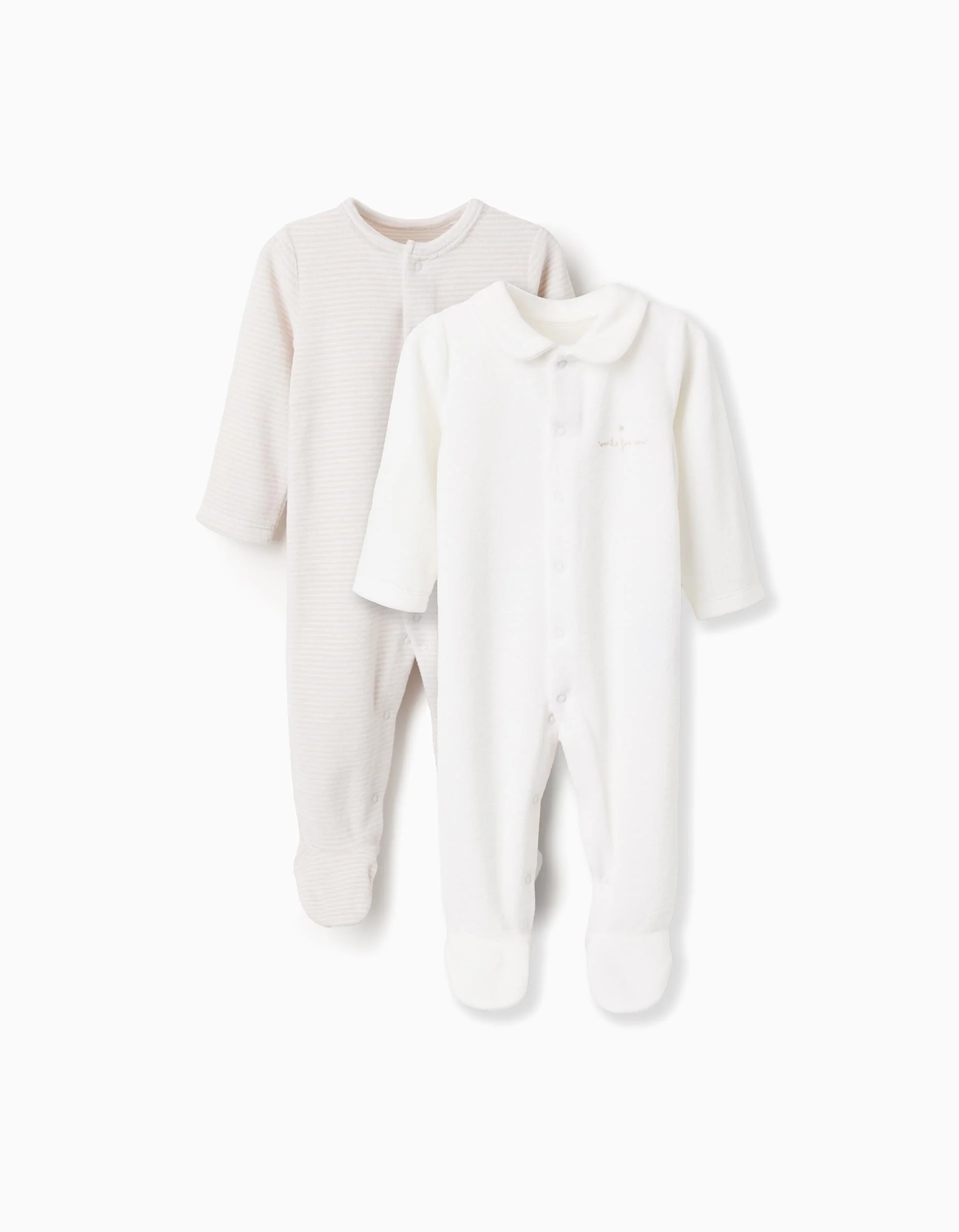 Pack of 2 Velvet Babygrows for Newborns 'Smile', White/Beige