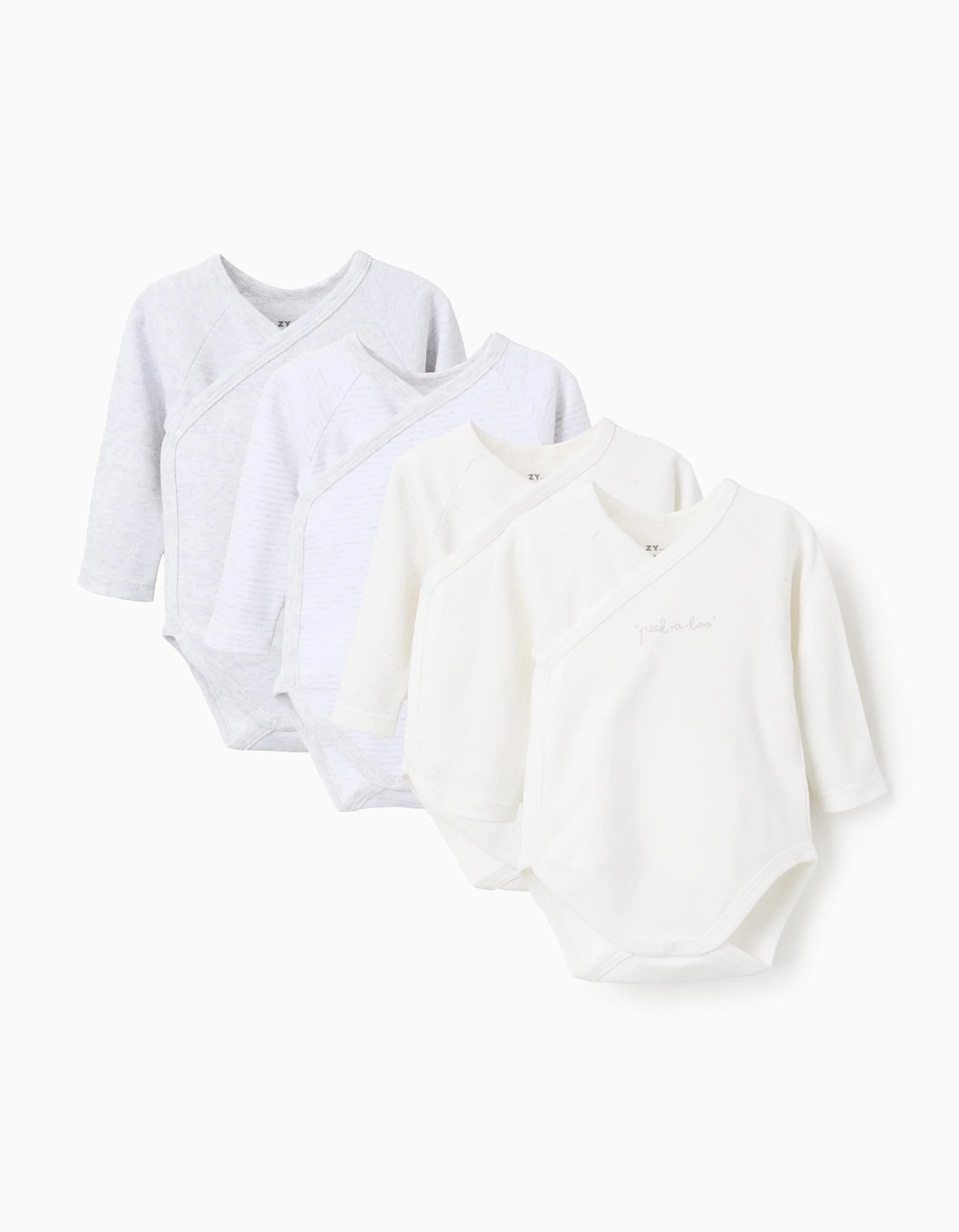 Pack of 4 Wrapover Bodysuits for Newborns and Babies, White/Grey
