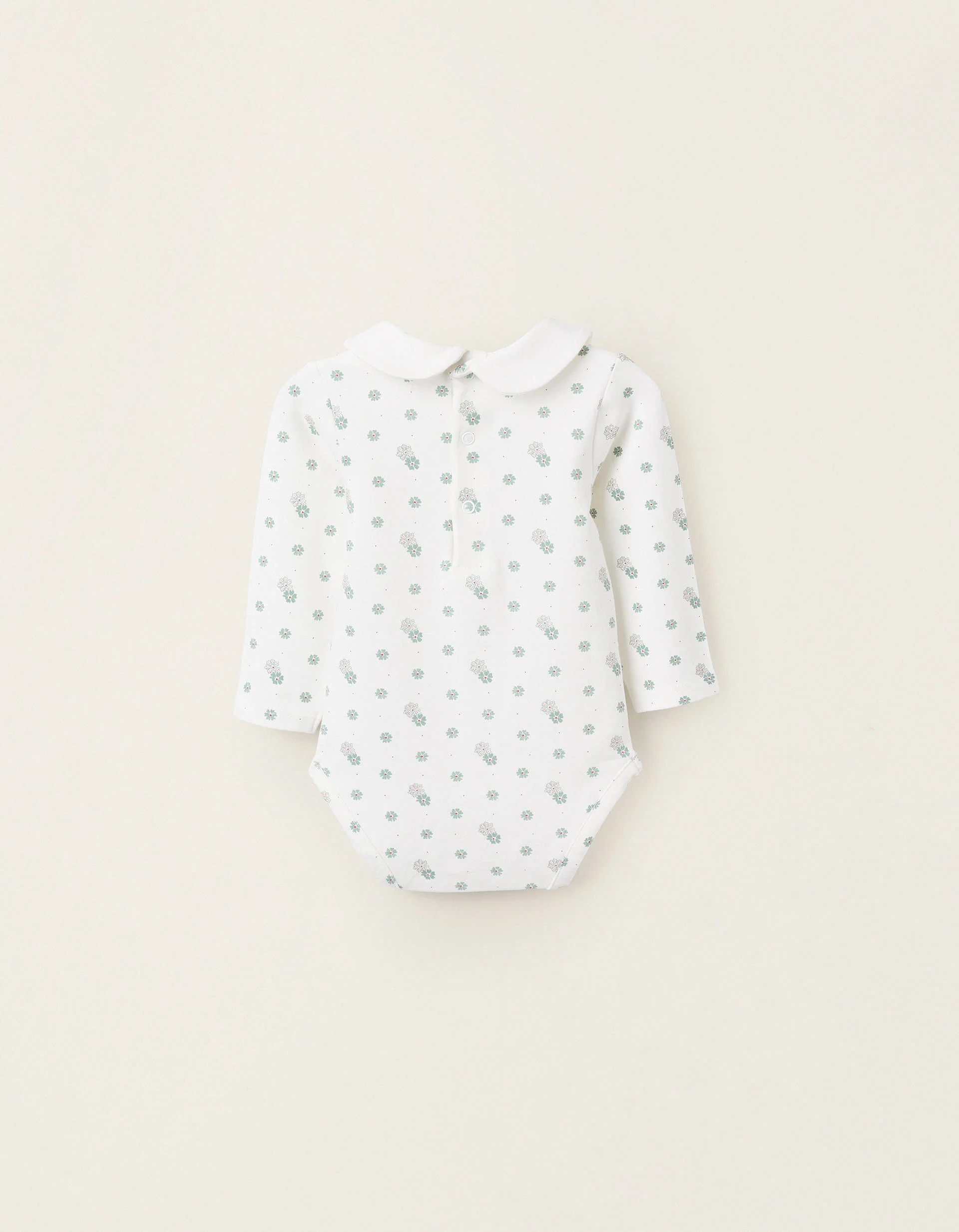 Floral Bodysuit with Peter Pan Collar for Newborn Girls, White/Green