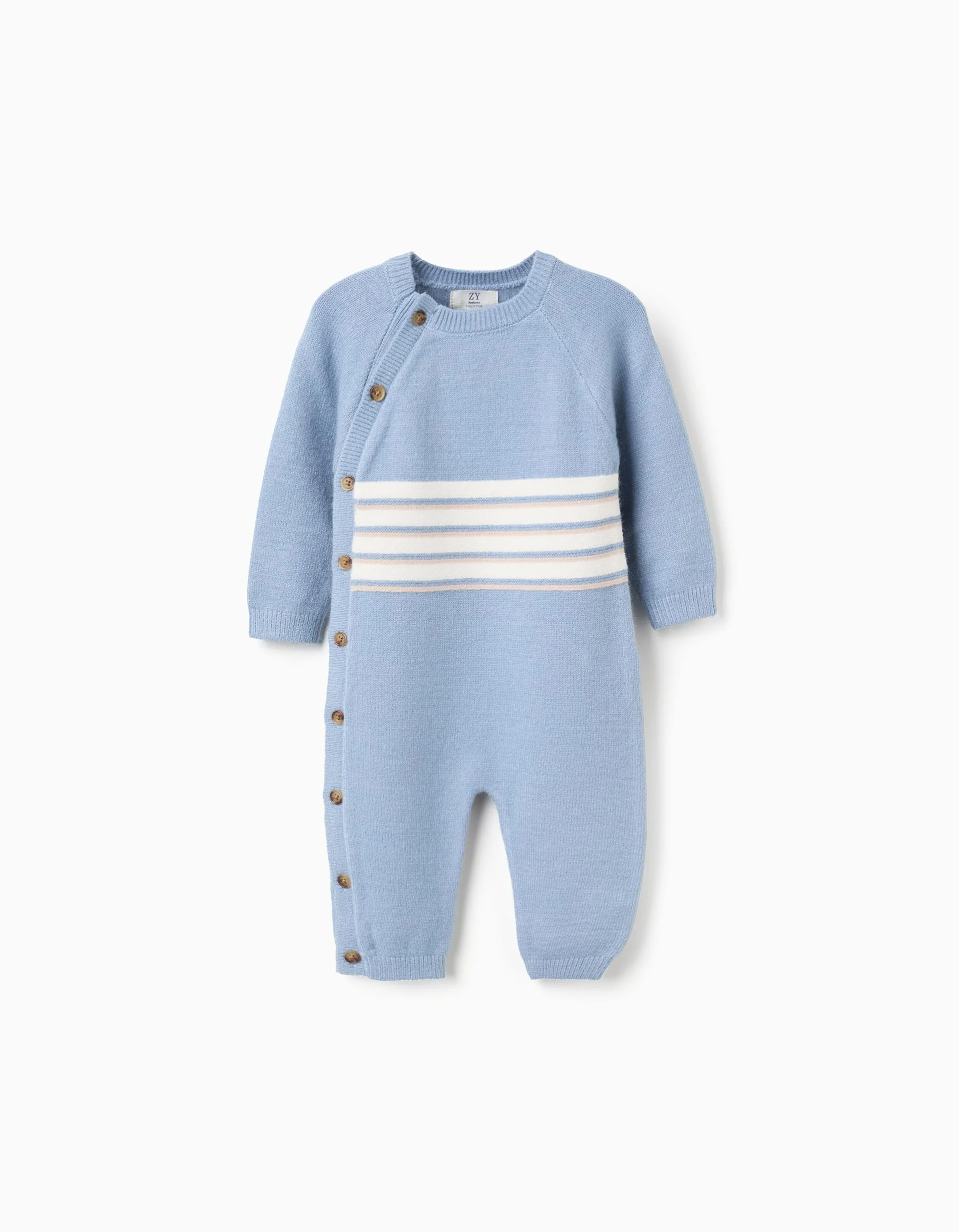 Knitted babygrow with stripes for newborn boys, blue/white/beige