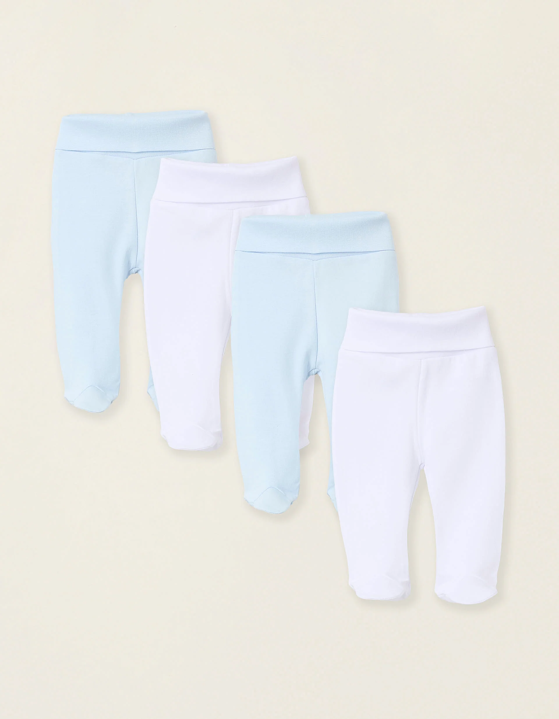 Pack of 4 Footed Cotton Trousers for Newborns and Babies, White/Blue