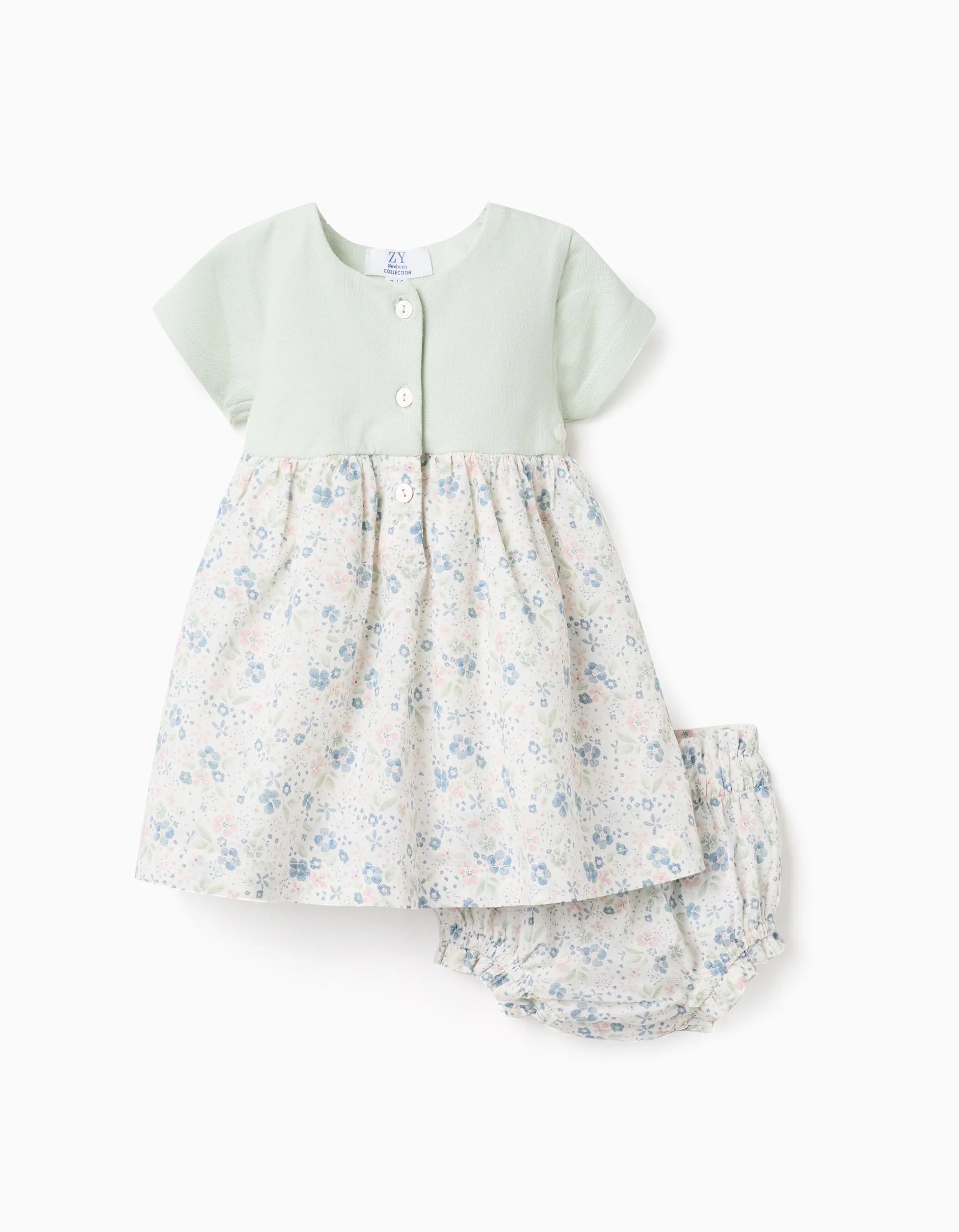 Dress + Bloomers with Flower Motif for Newborn Girls, Light Green