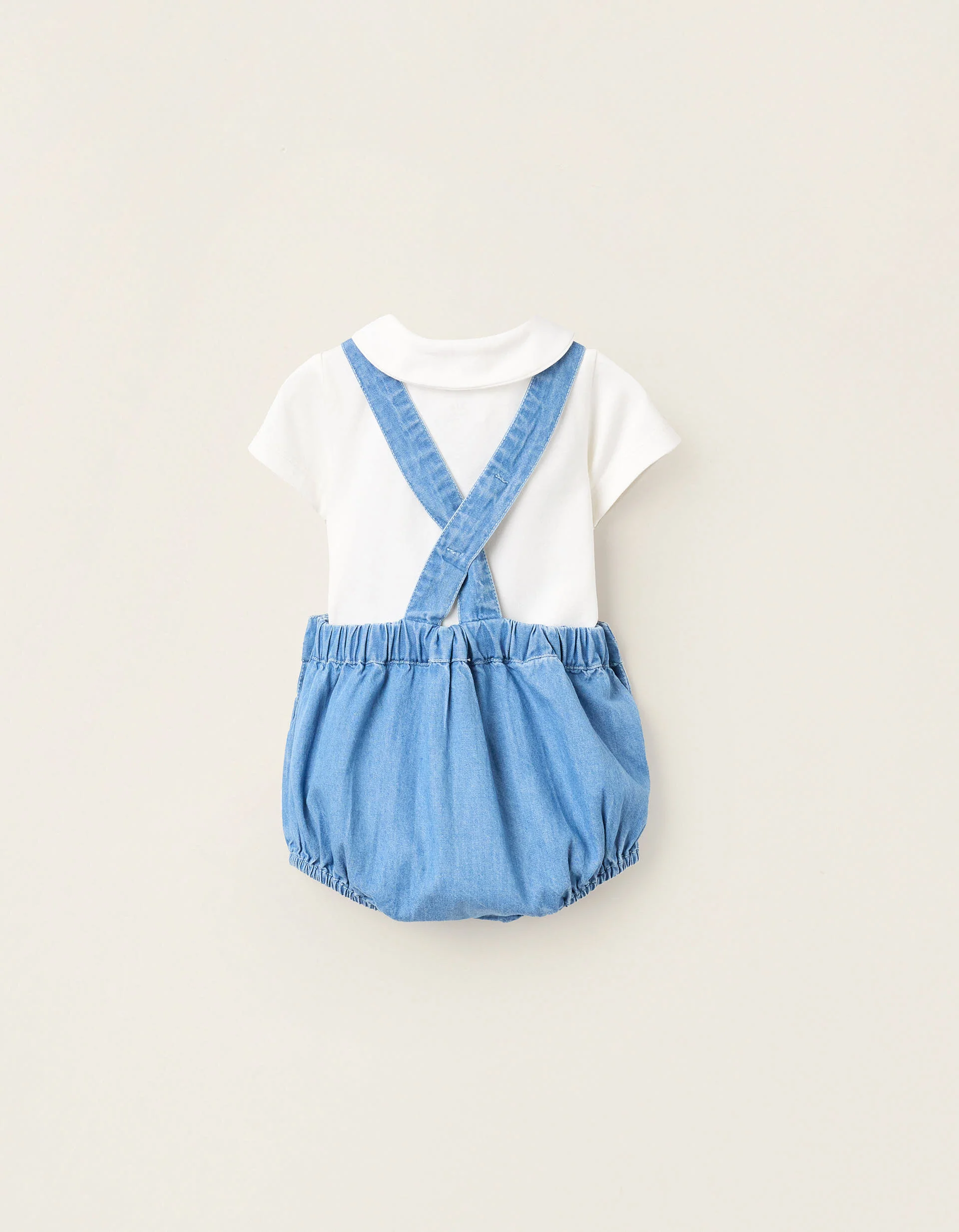 Bodysuit + Denim Jumpsuit for Newborn Boys, White/Blue