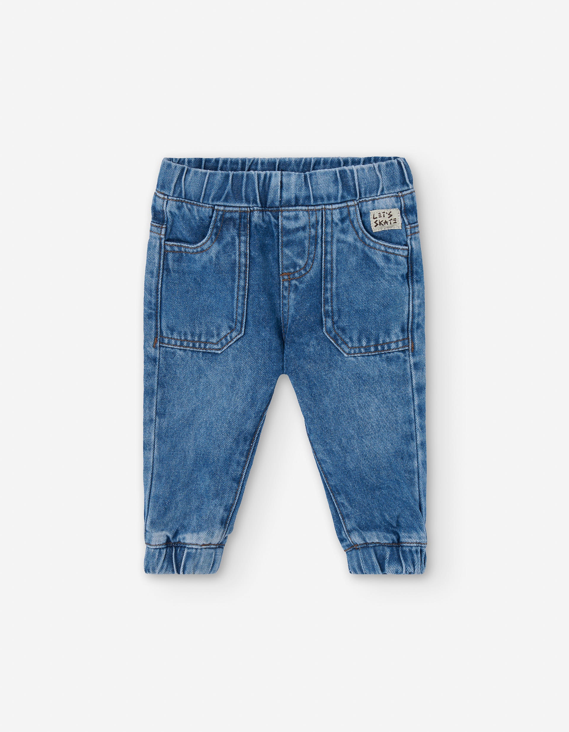 Denim joggers with decorative label for baby boys, blue