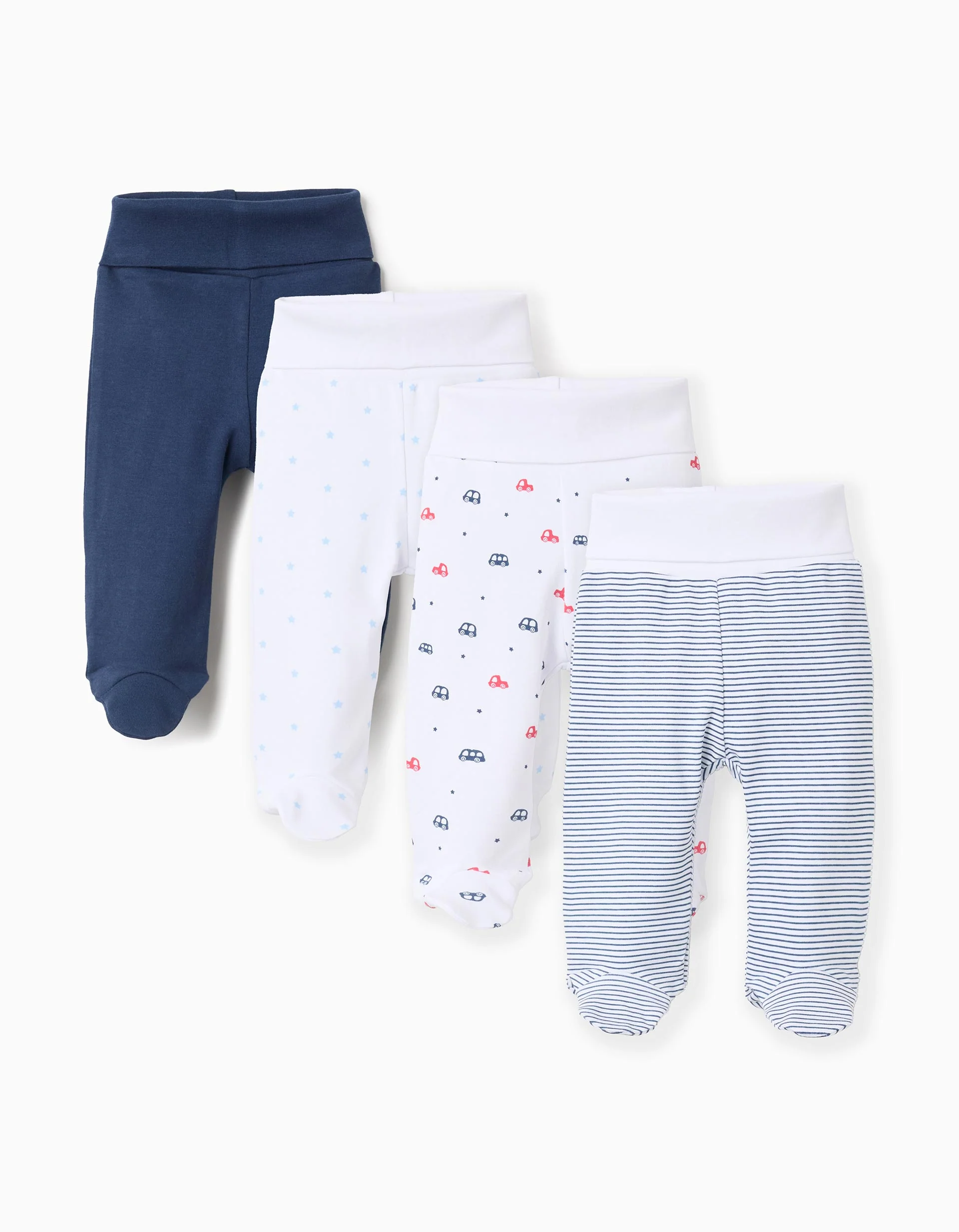 Pack of 4 Extra Comfy Footed Trousers for Babies 'Cars', White/Blue