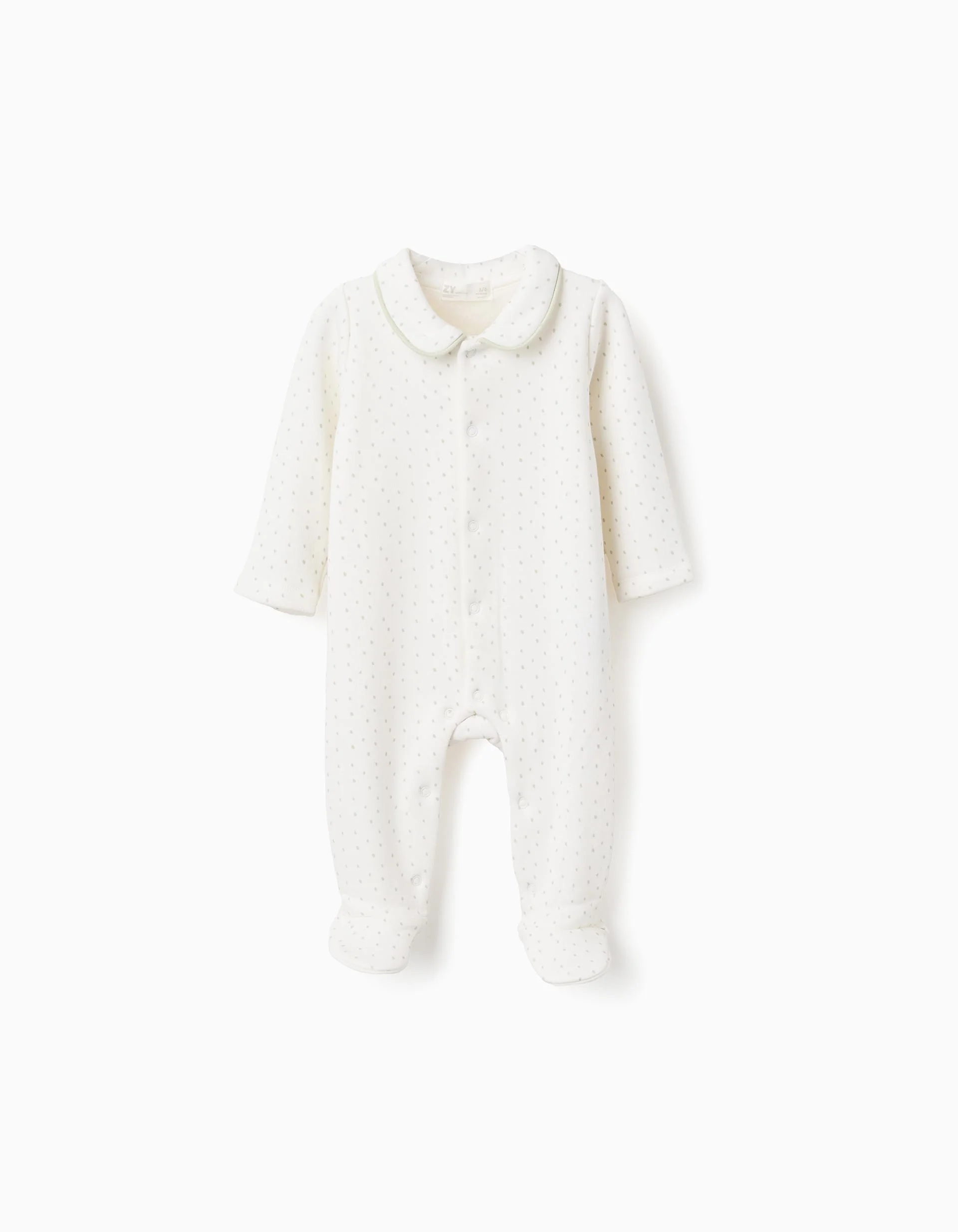 Babygrow with plush lining and polka dots for newborn boys, white/green