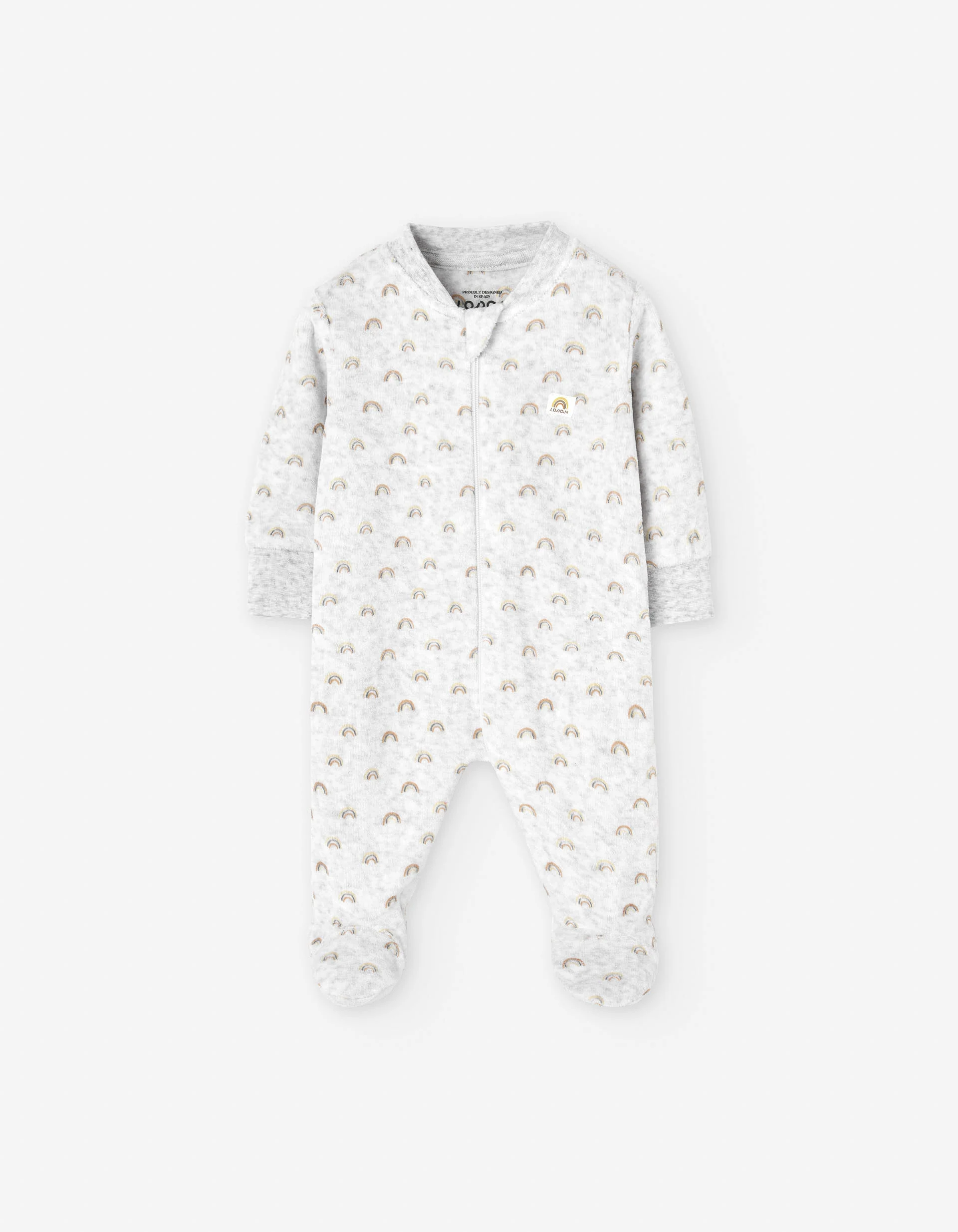 Velvet sleepsuit with rainbow motif for newborn girls, grey