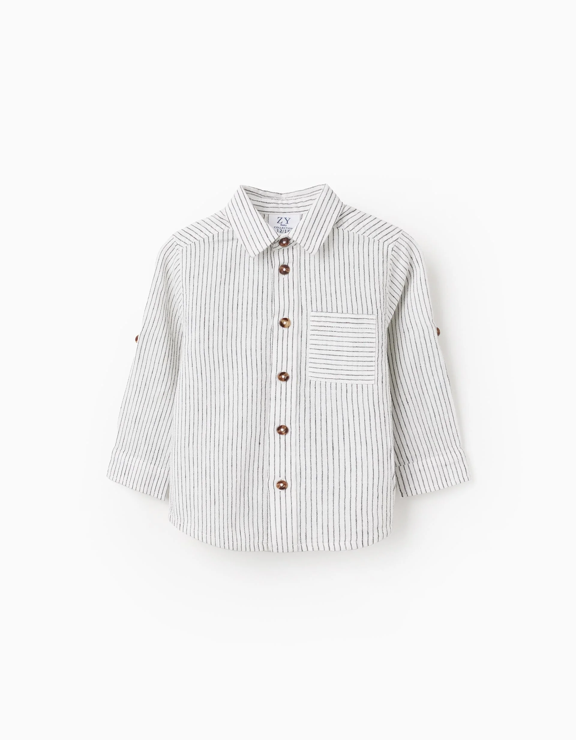 Cotton and Linen Shirt with Pocket for Baby Boys, White/Black