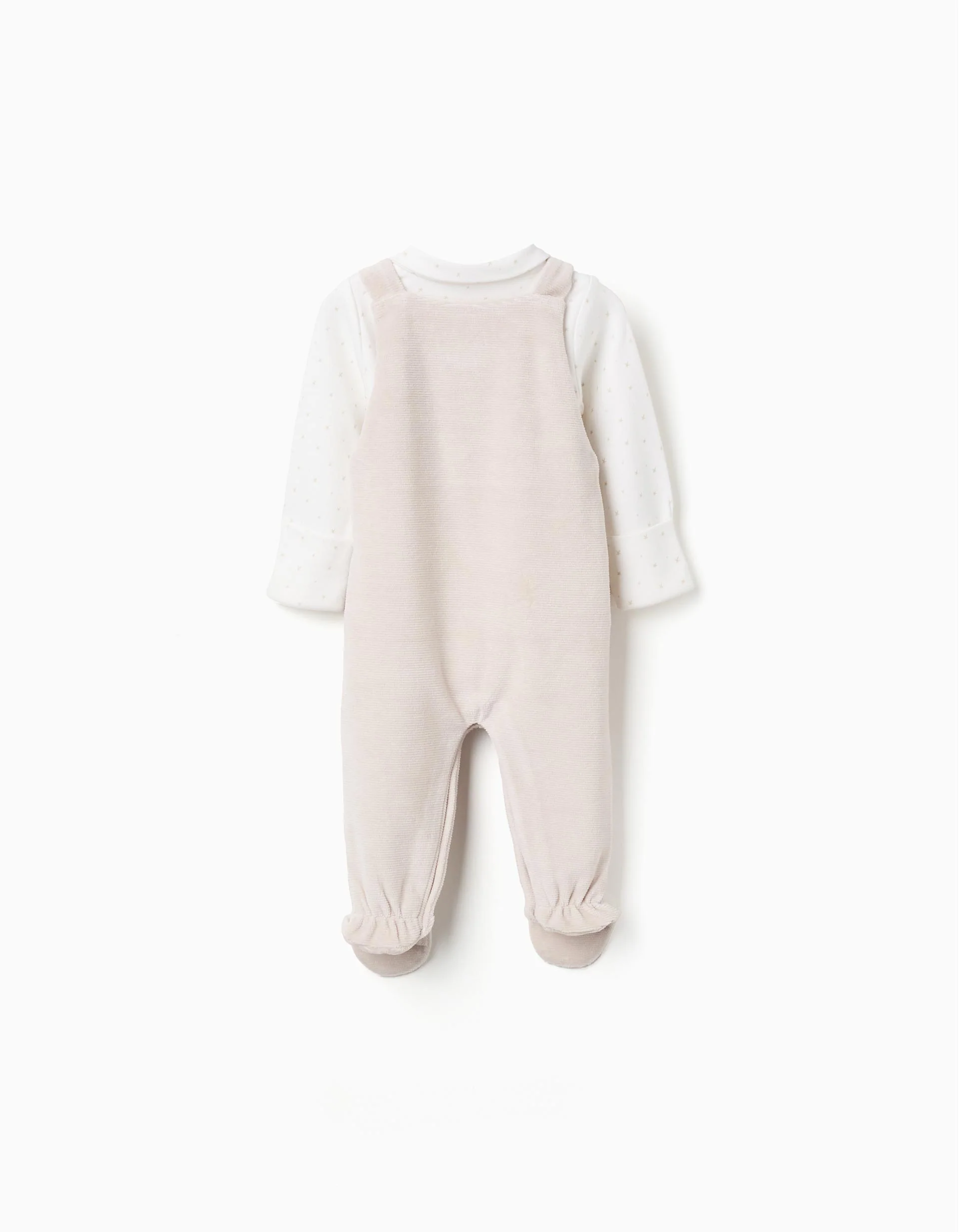 Cotton Bodysuit + Velvet Jumpsuit for Newborn Girls, White/Beige