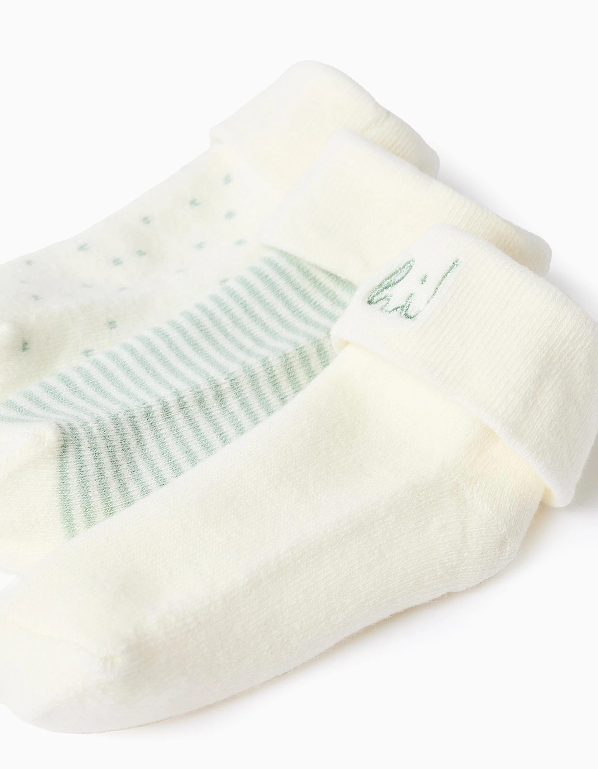 3 pairs socks with folded cuff for newborn and baby boys, white/green