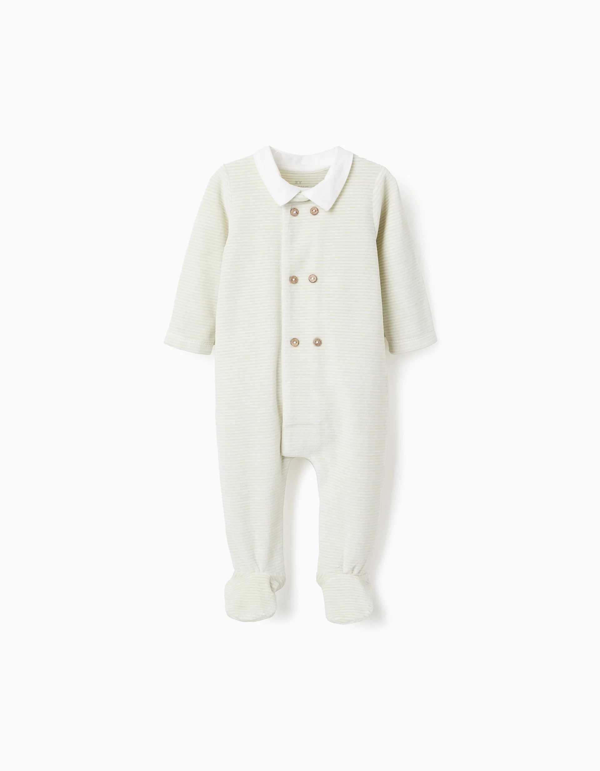 Striped velvet babygrow with buttons for newborn boys, white/green