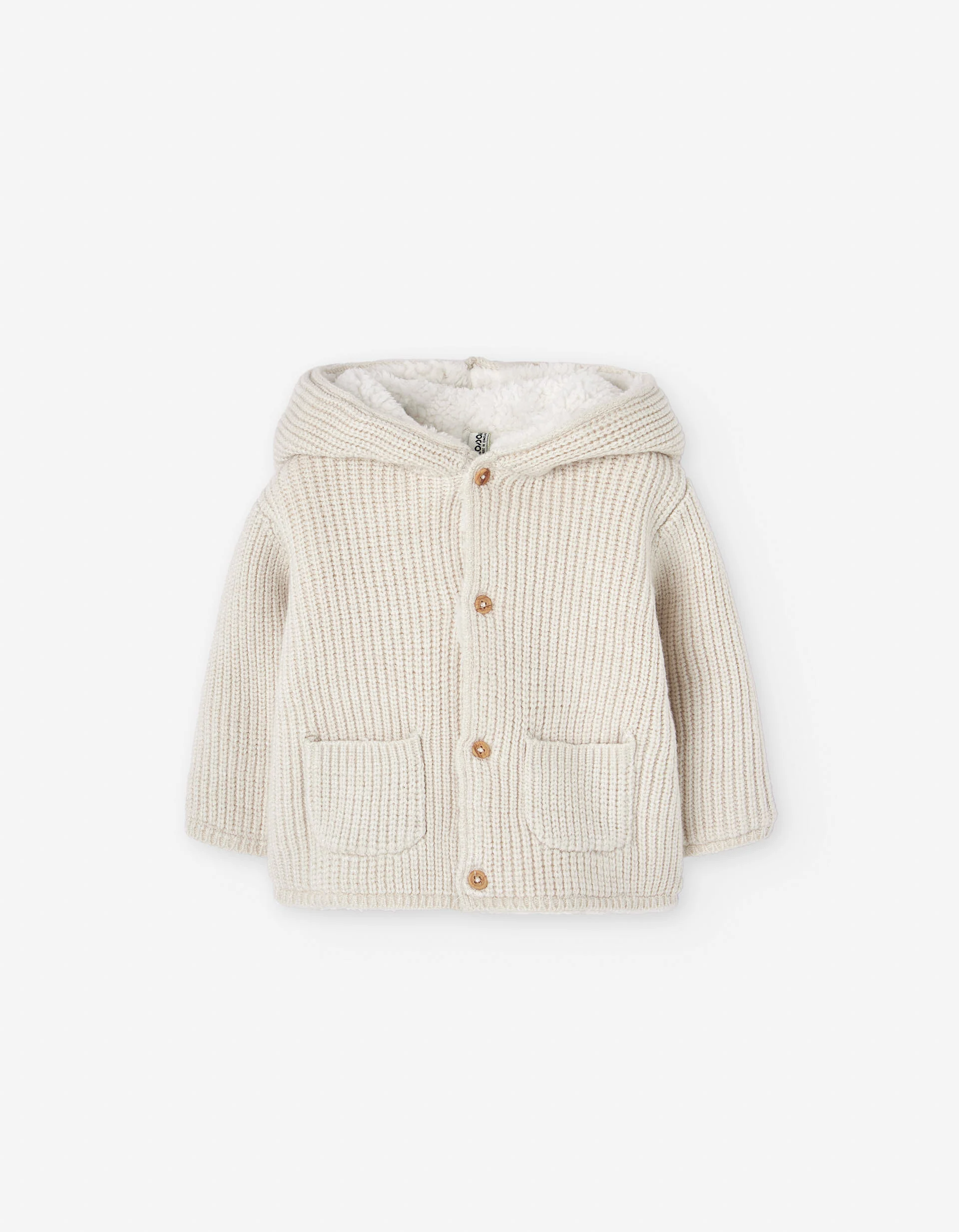 Hooded knitted jacket with sherpa lining for newborn, beige