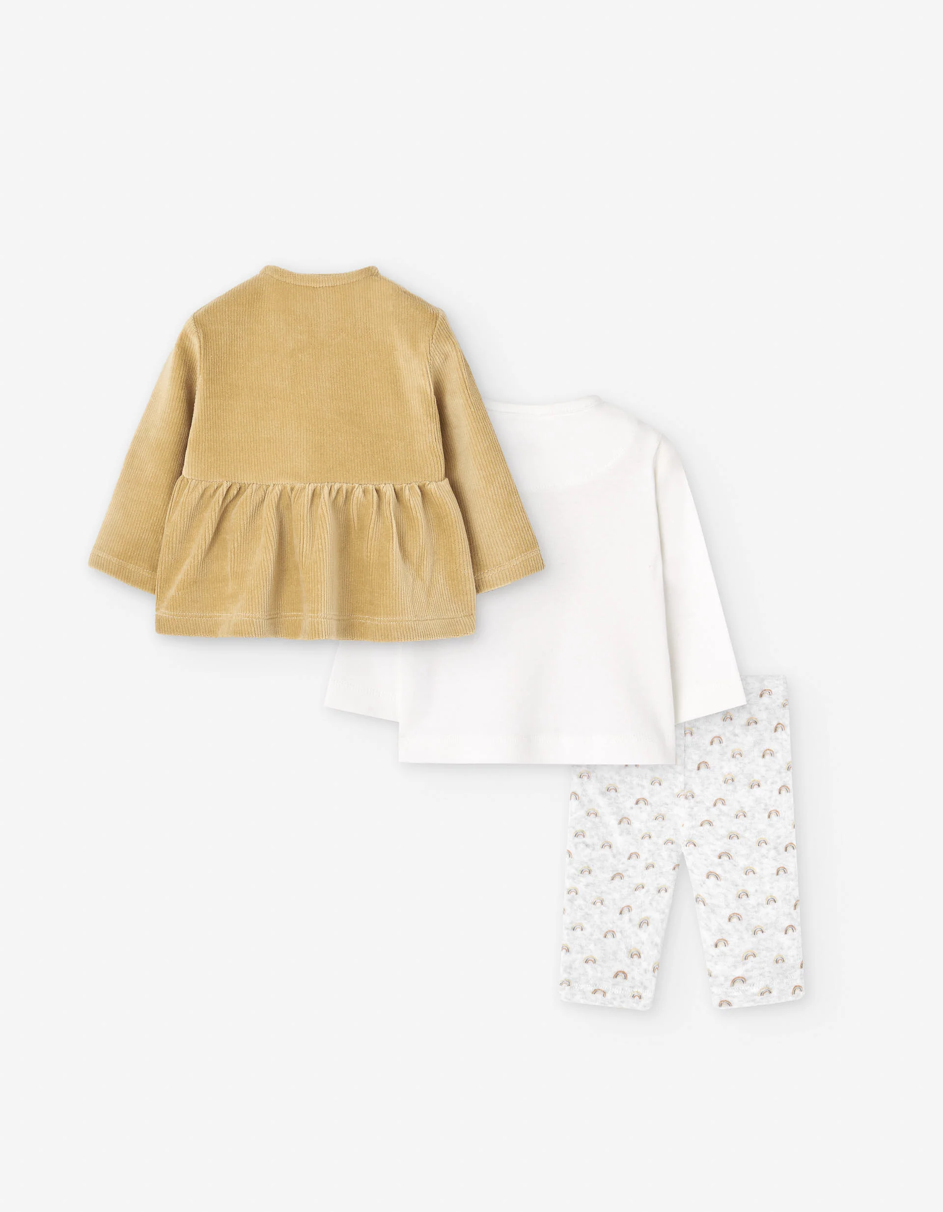 3-piece set with sun and rainbow prints for newborn girls, white/yellow