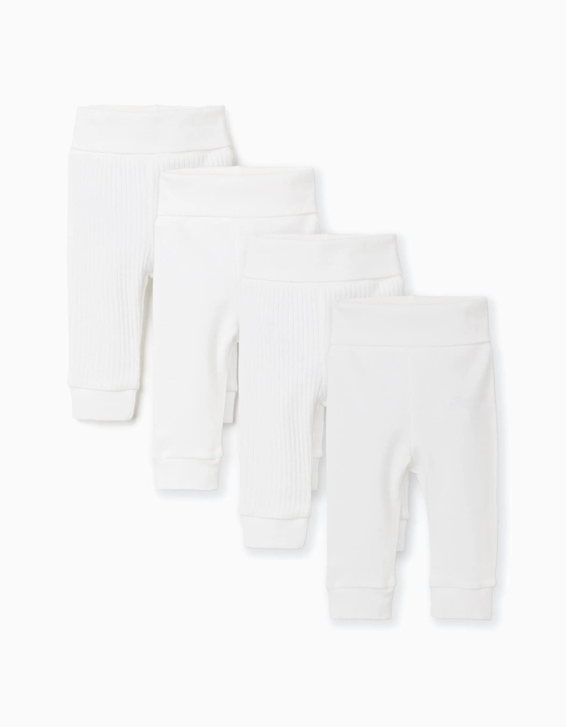Pack of 4 plain/ribbed cotton trousers for newborns, white