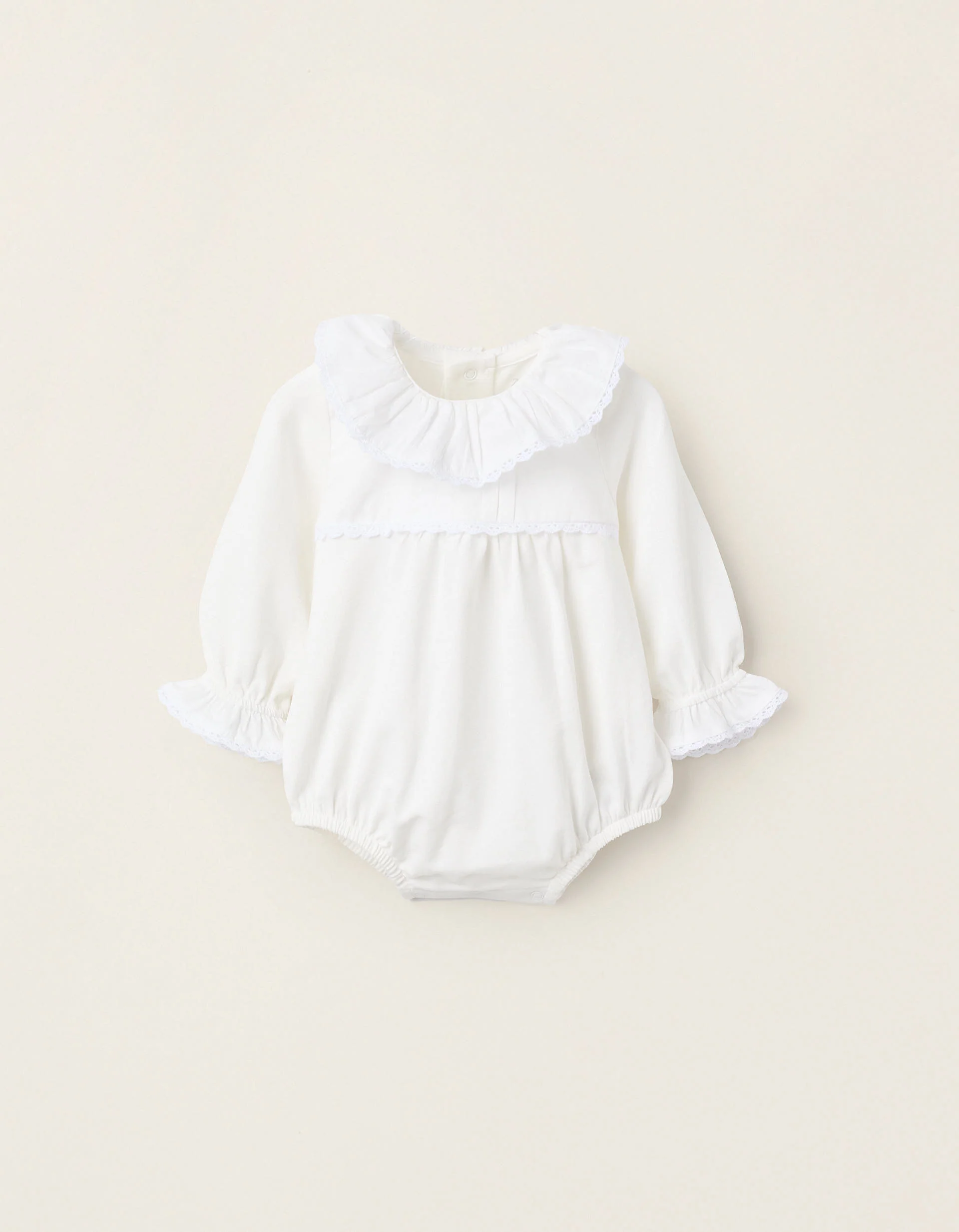 Bodysuit with Ruffles and Crochet for Newborn Girls, White