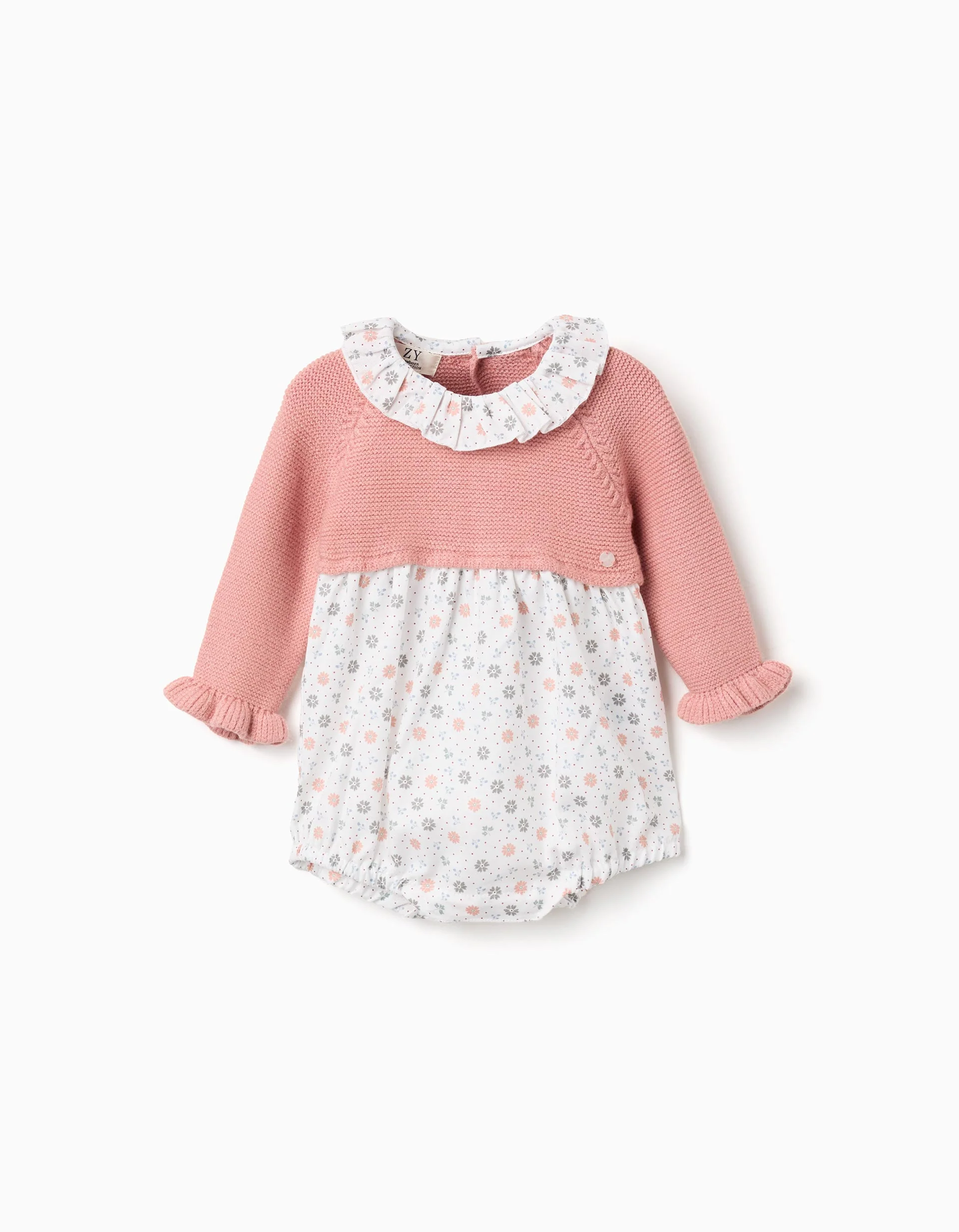 Dual-fabric jumpsuit with floral pattern for newborn girls, pink/white