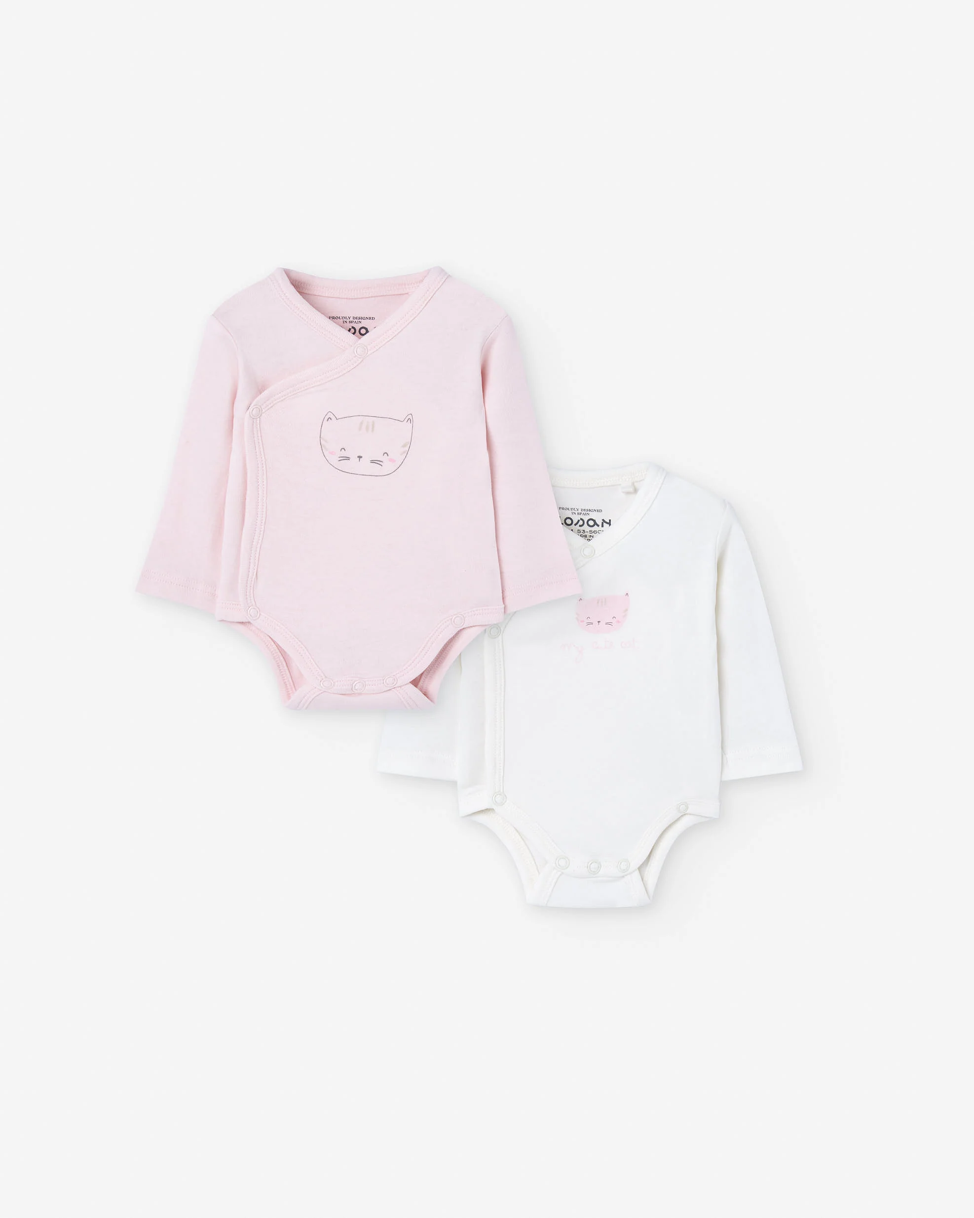 Pack of 2 cotton bodysuits with cat print for newborn girls, pink/white