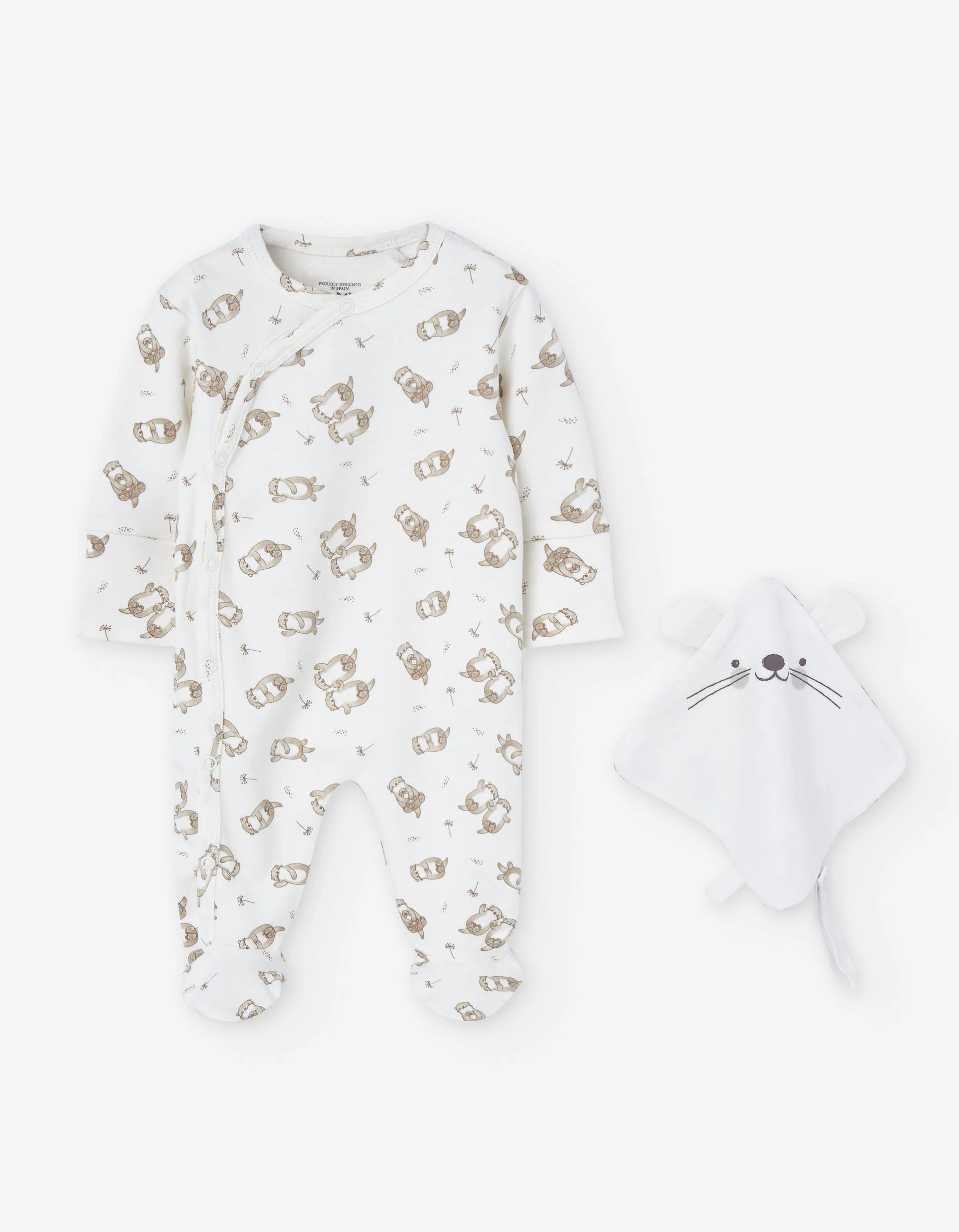 Brushed cotton sleepsuit with motif + doudou for newborn boys, white