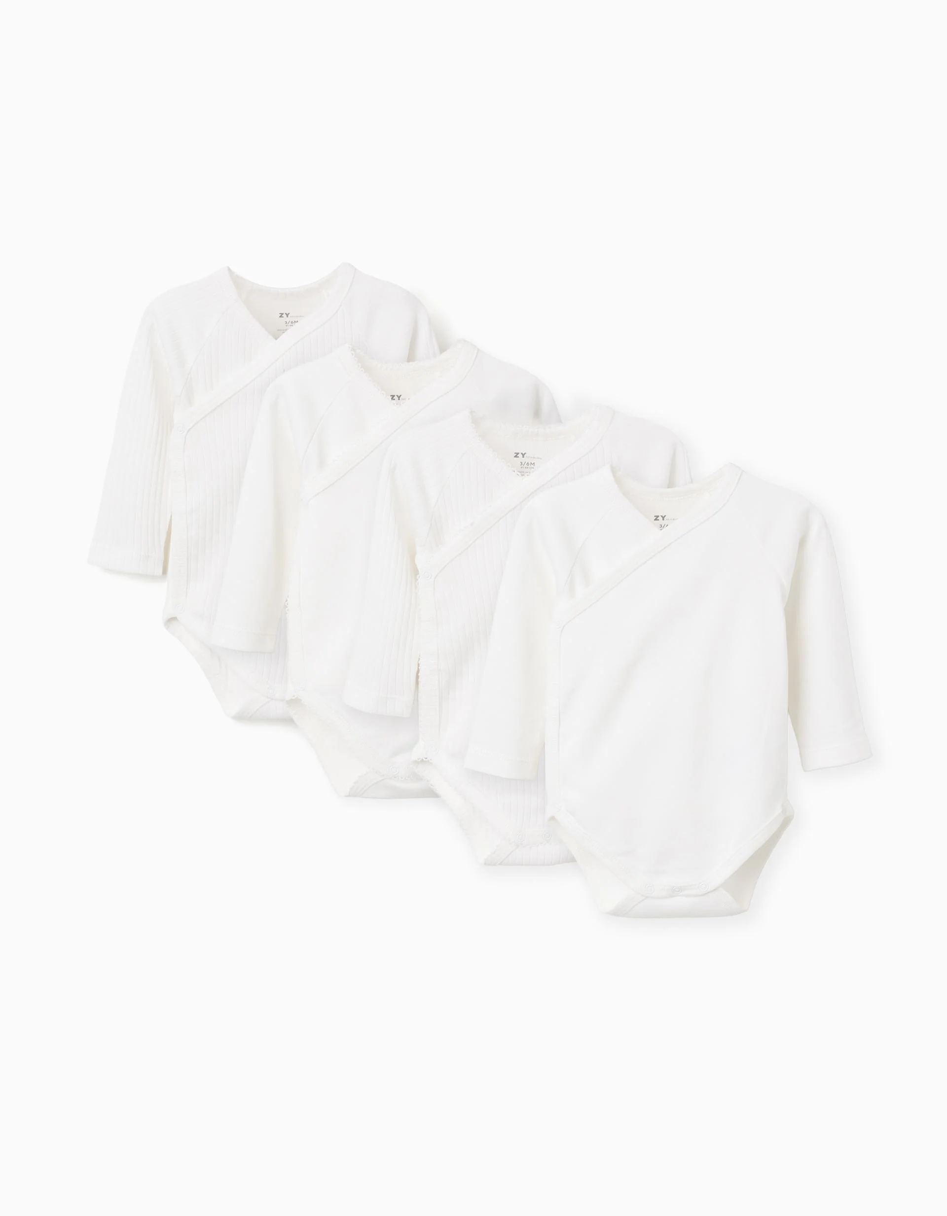 Pack of 4 wrapover plain/ribbed cotton bodysuits for newborns, white