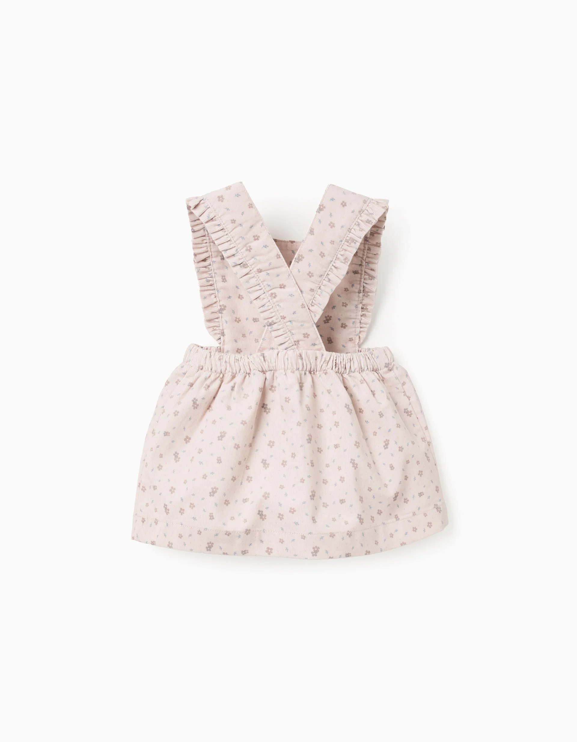 Corduroy pinafore dress with floral motif for newborn girls, beige