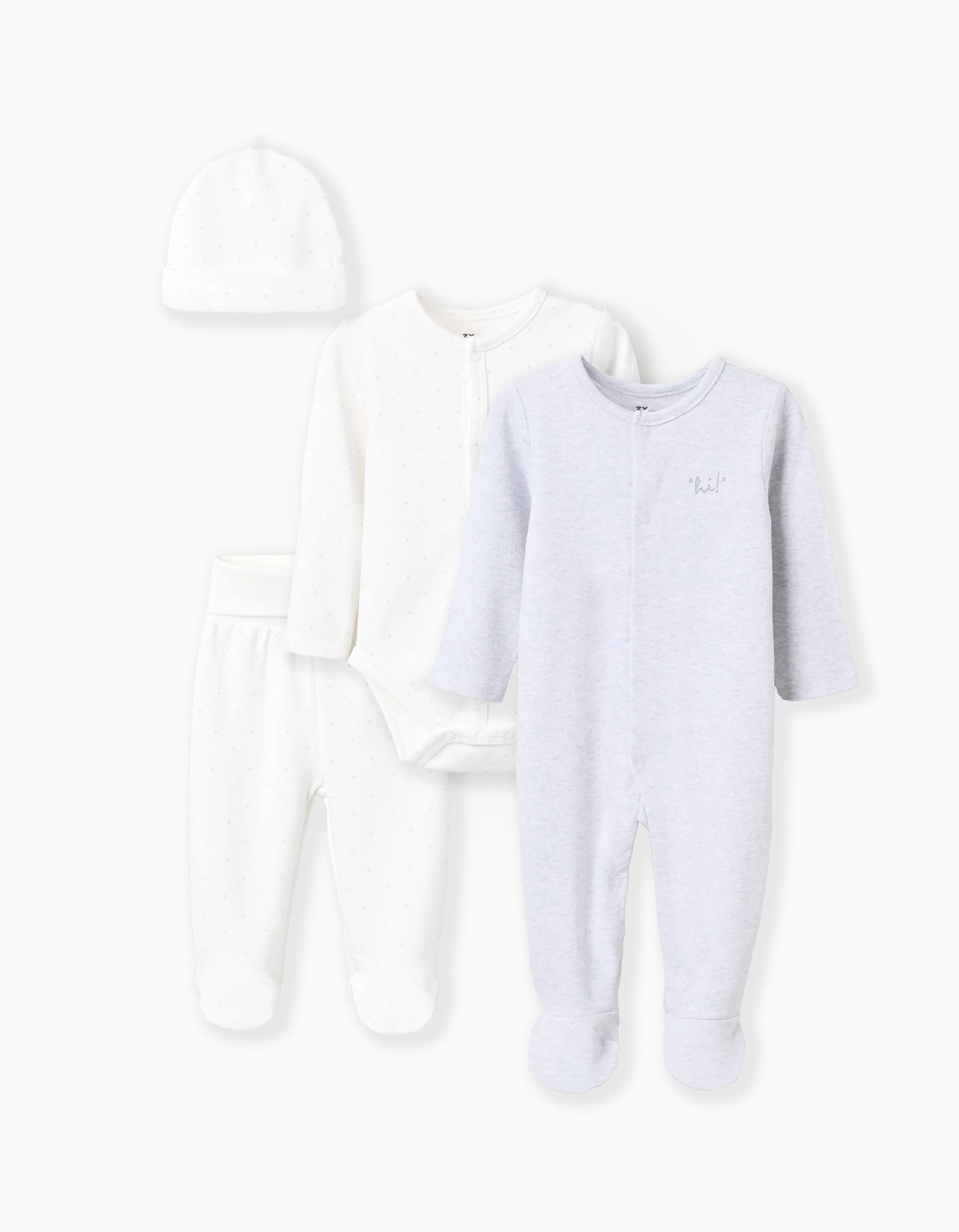 4-piece Cotton Newborn Set 'Hi', White/Grey