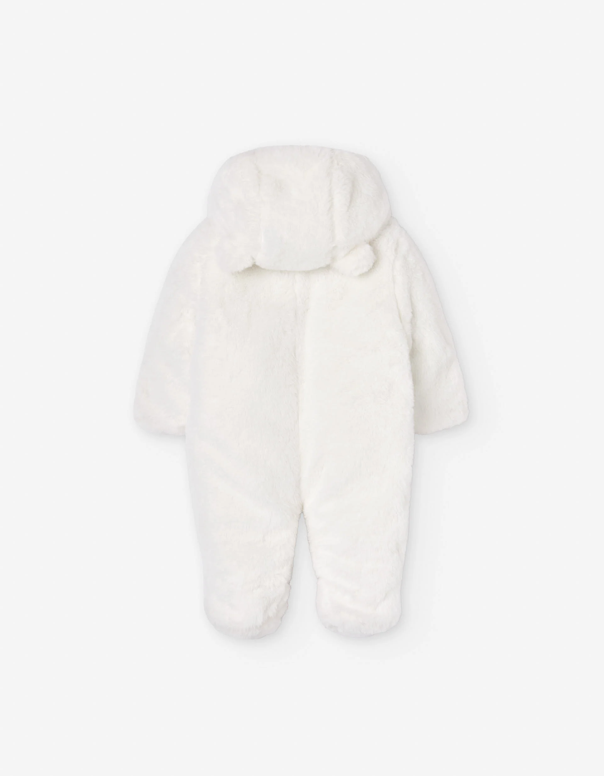 Faux fur jumpsuit with hood and 3D ears for newborn girls, white