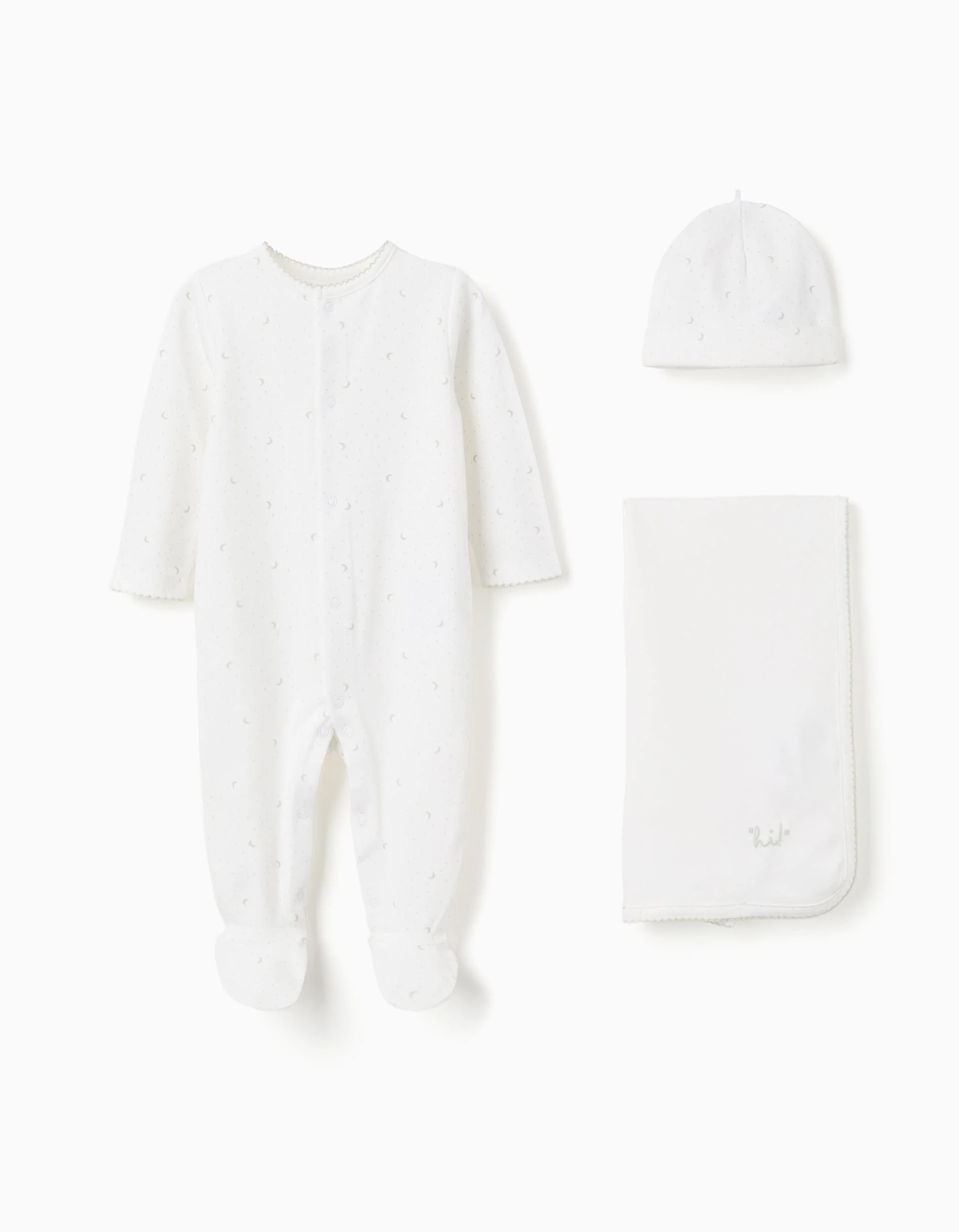 3-piece cotton set with moon motif for newborns, white