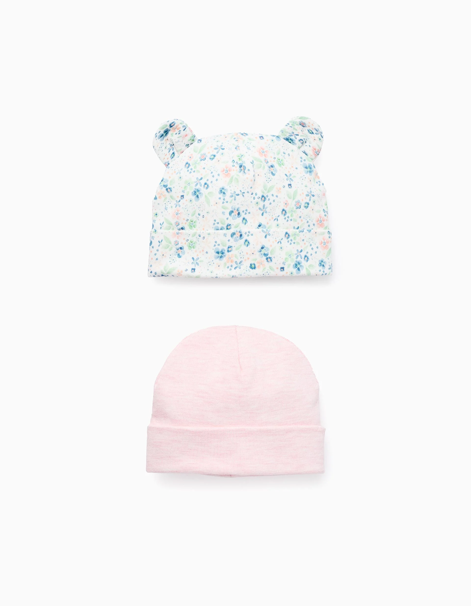 Pack of 2 Beanies Plain/Floral for Newborn Girls, Multicolour