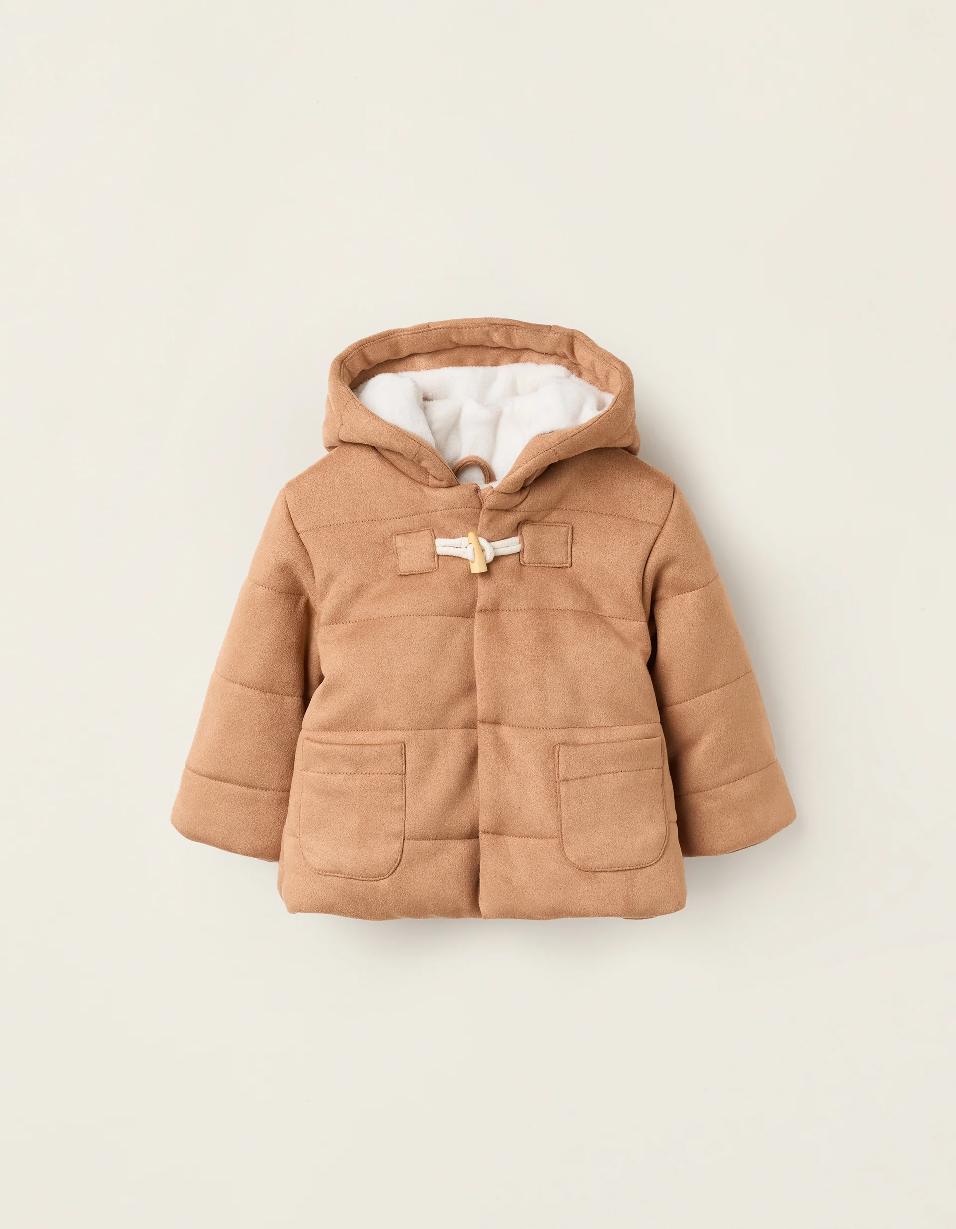 Suedette Hooded Jacket for Newborns, Camel