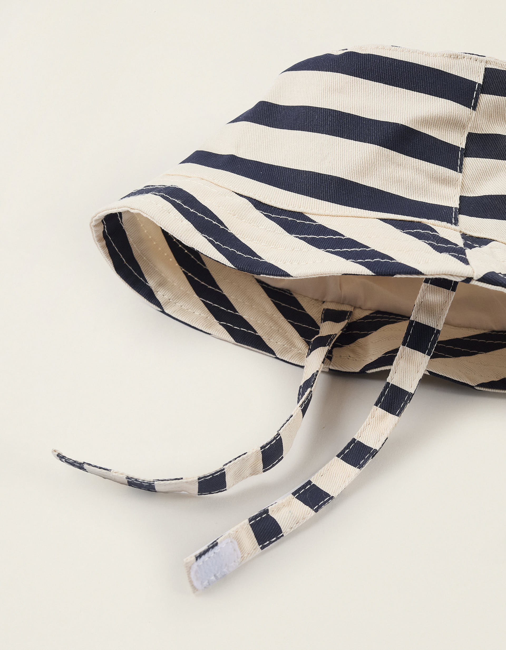 Striped Twill Hat with Side Straps for Newborns and Babies, Beige/Blue