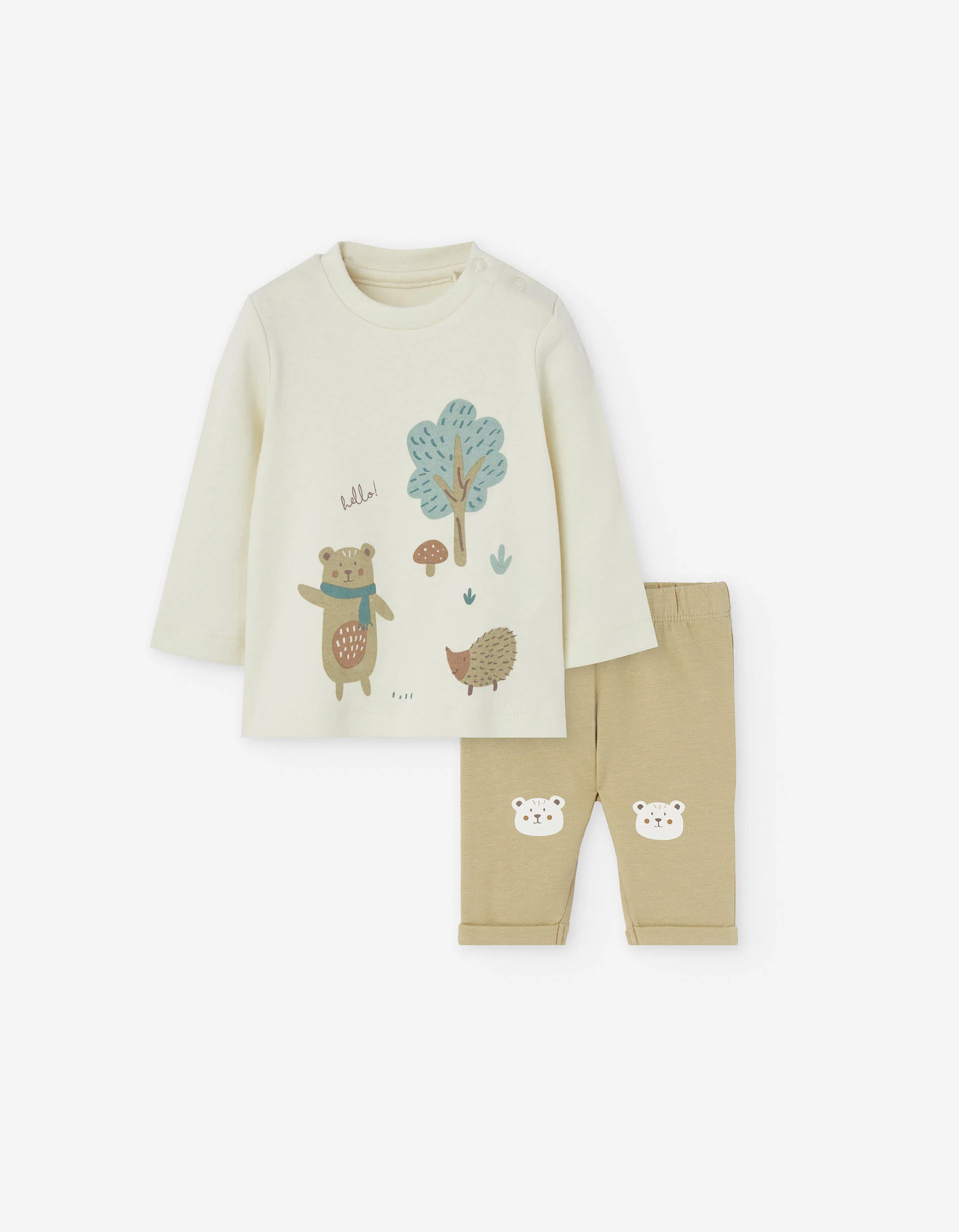 T-shirt + brushed cotton trousers for newborn boys, beige/khaki