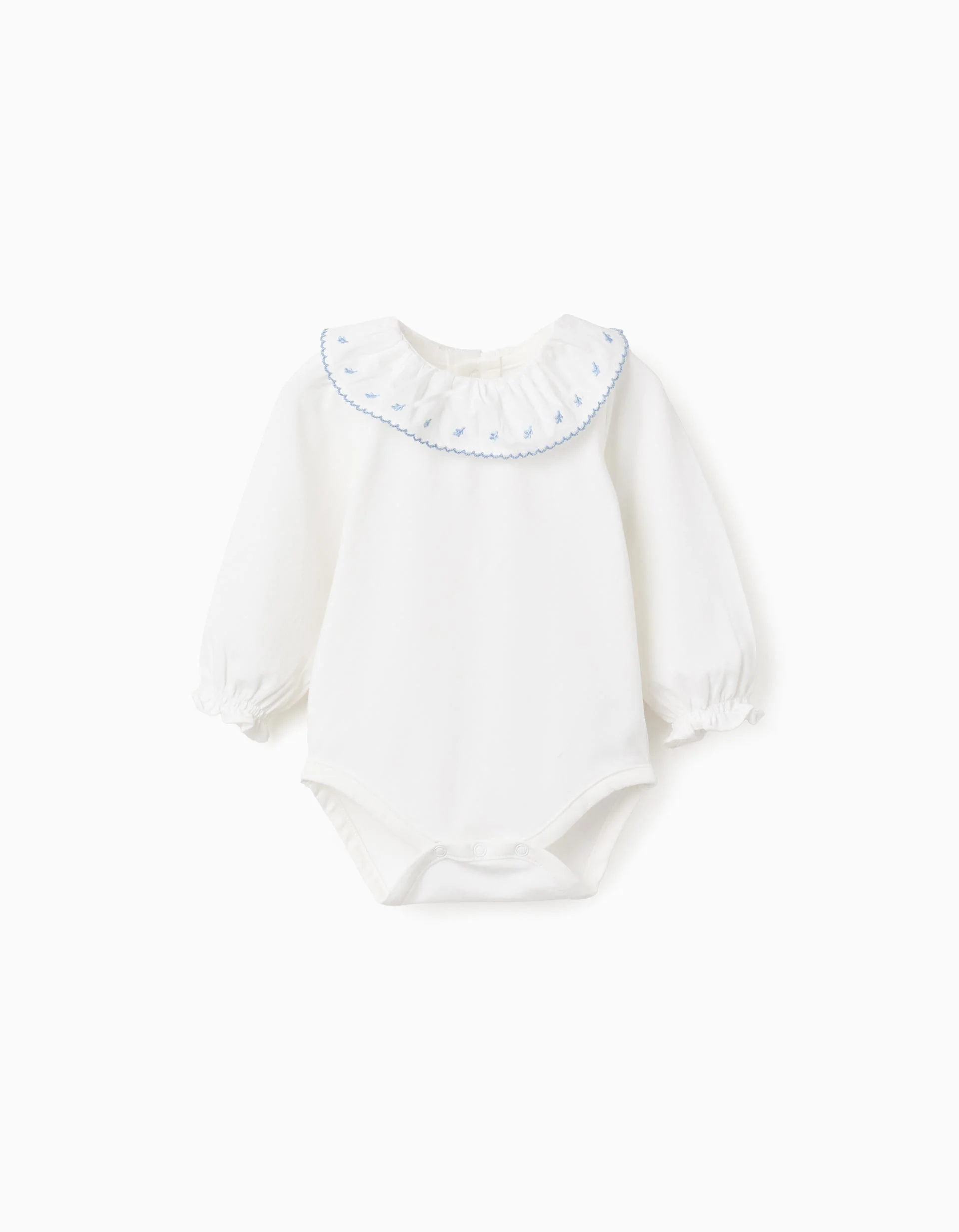 Long sleeve bodysuit with embroidered collar for newborn girls, white/blue