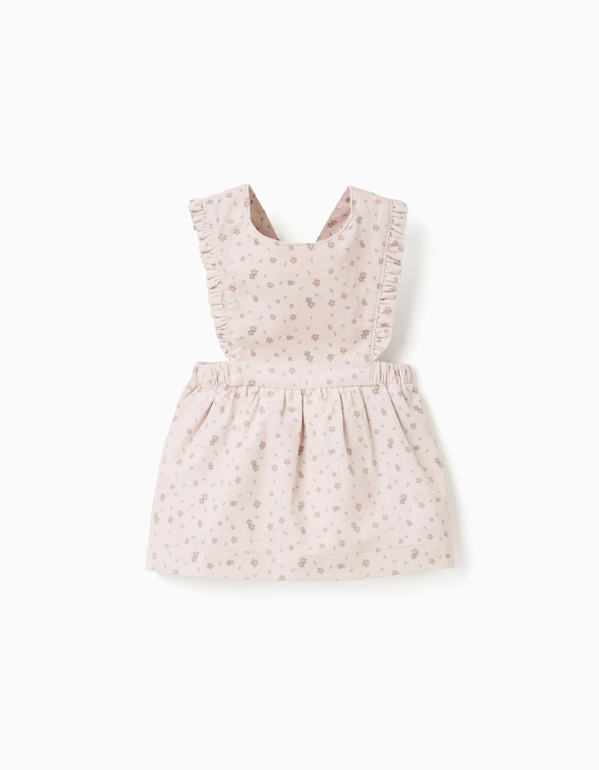 Corduroy pinafore dress with floral motif for newborn girls, beige